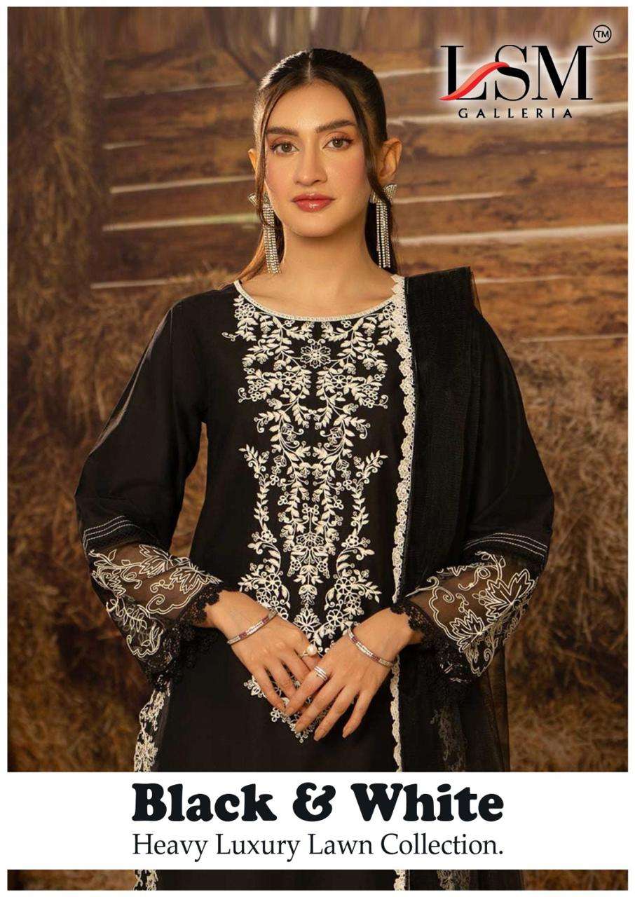 LSM BLACK & WHITE VOL 1 BRAND PAKISTANI DESIGNER LAWN COTTON SUIT RESELLER 