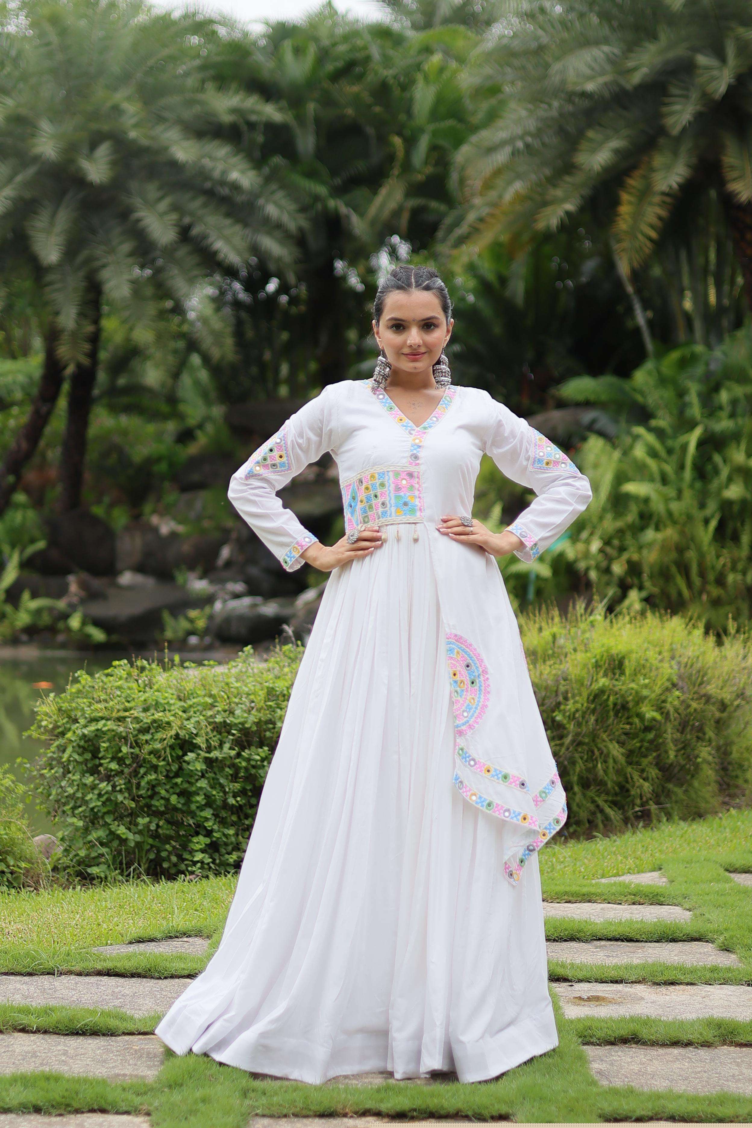 LW 9203 WHITE SHADES RAYON FABRIC NAVRATRI SPECIAL GOWN 