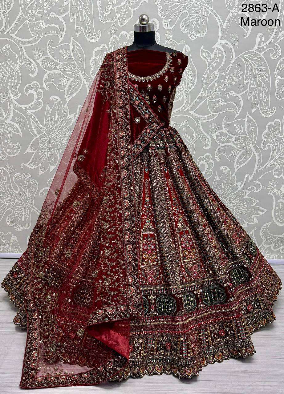 MAROON RAJASTHANI VELVET BRIDAL LEHENGA CHOLI FOR WEDDING SUPPLIER 2863