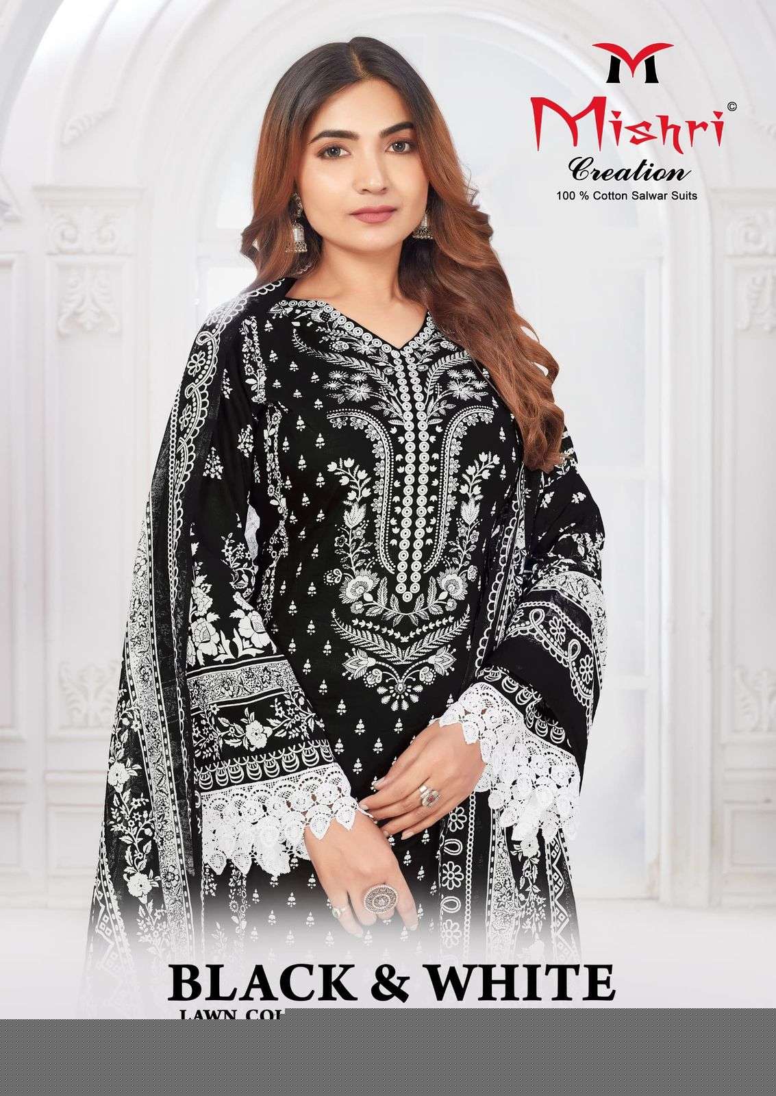 MISHRI CREATION BLACK & WHITE WITH LACE BORDER BARACHI PRINT SUIT ONLINE