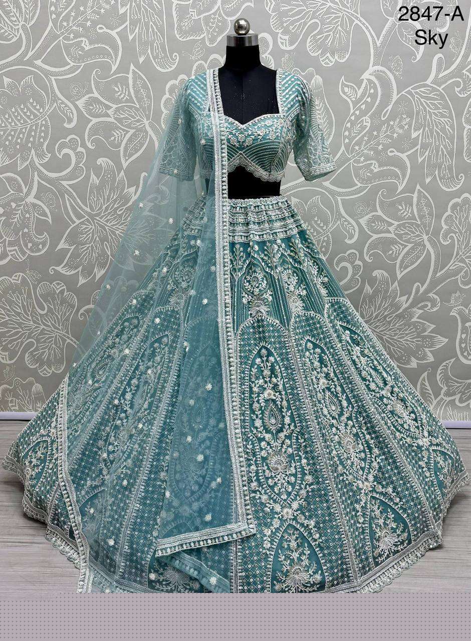 MOST BEAUTIFUL HEAVY MOTI WORK NET BRIDAL LEHENGA CHOLI RECEPTION WEAR SHOP SURAT 2847