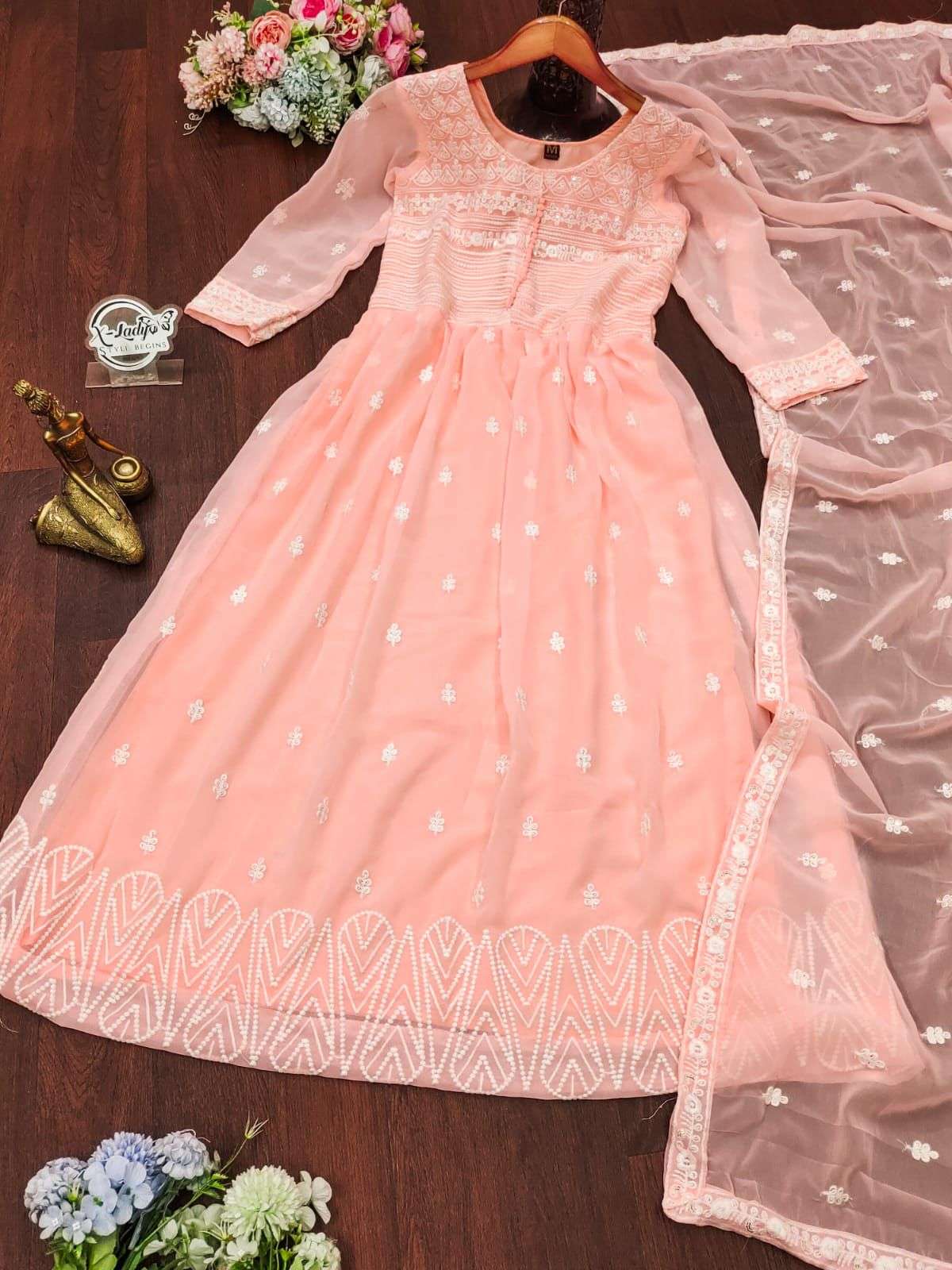 PEACH CHIKANKARI GOWN WITH DUPATTA SUIT FOR PARTY WEAR LADY 