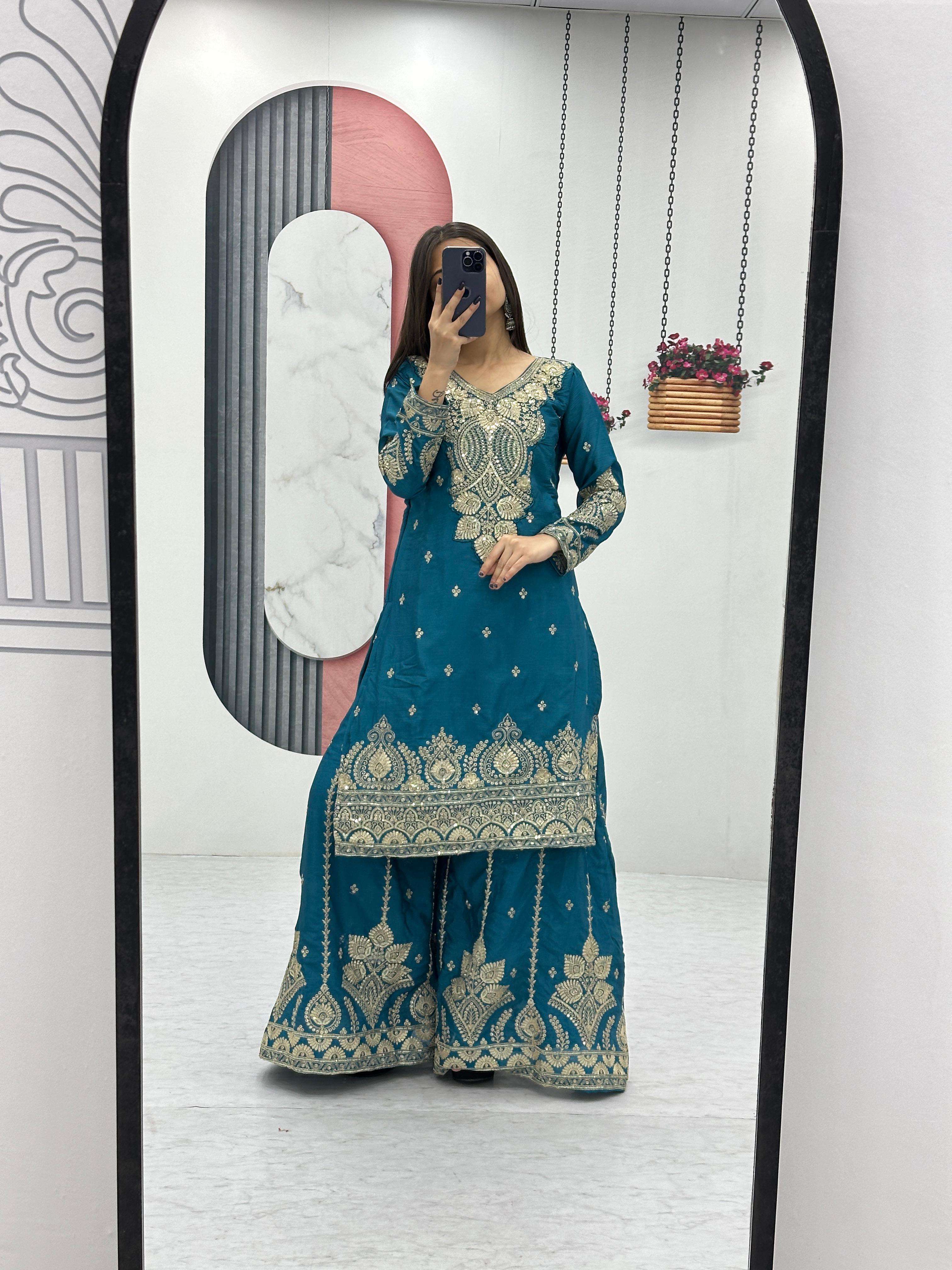 Pf 37 Chinon Silk embroidery work readymade designer suits 