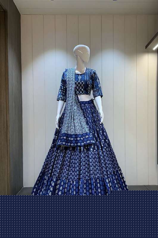 POOJA FESTIVAL COTTON DESIGNER BLUE COLOR LEHENGA CHOLI RESELLER SURAT ASR
