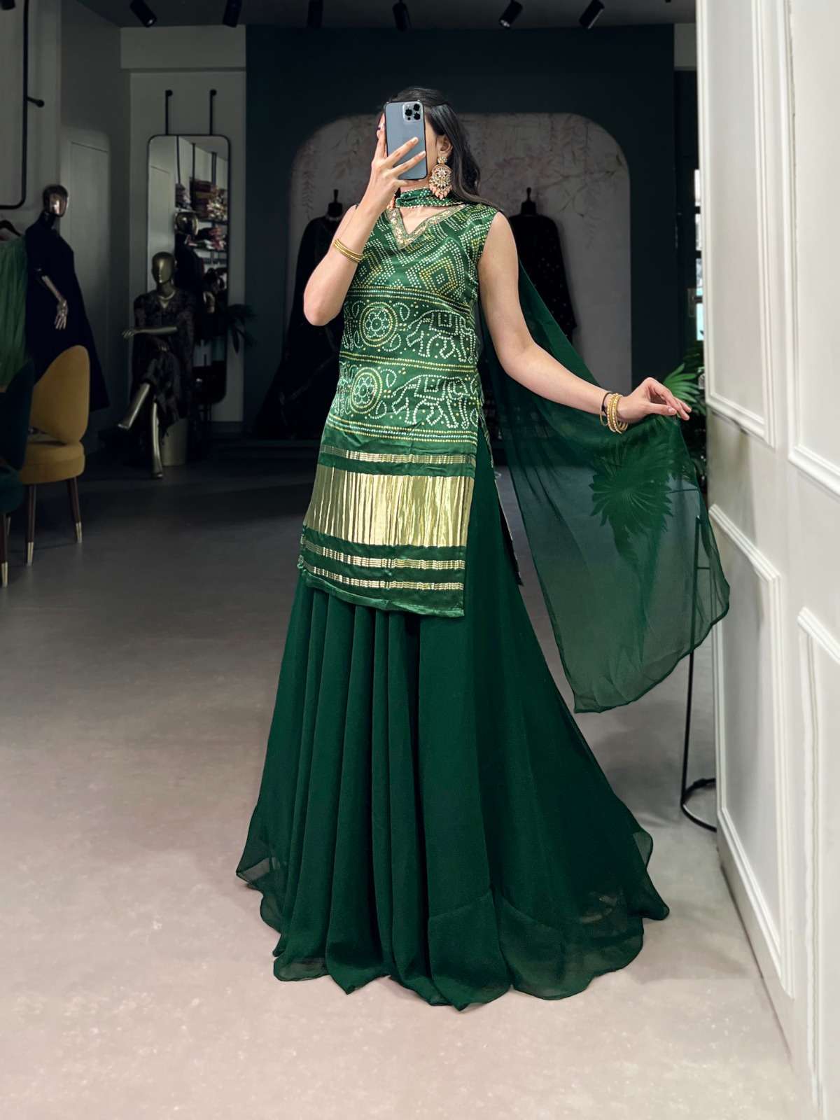 PURE GAJI SILK BANDHEJ DESIGN TRADITIONAL LOOK READYMADE SUITS NNK 3012 
