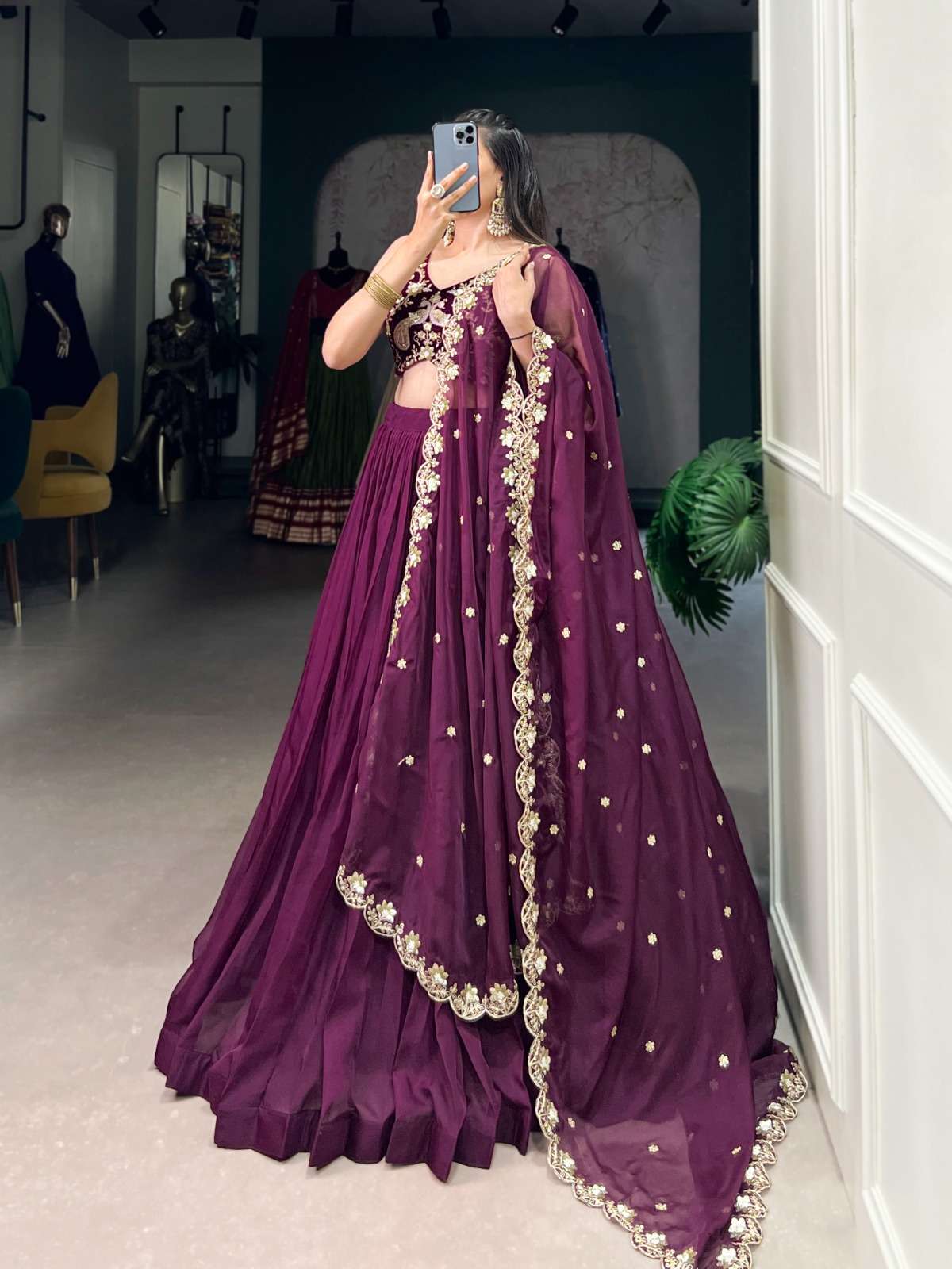ROYAL LOOK WINE SHADES  ORGANZA FABRIC DESIGNER LEHENGA CHOLI LNB 1431