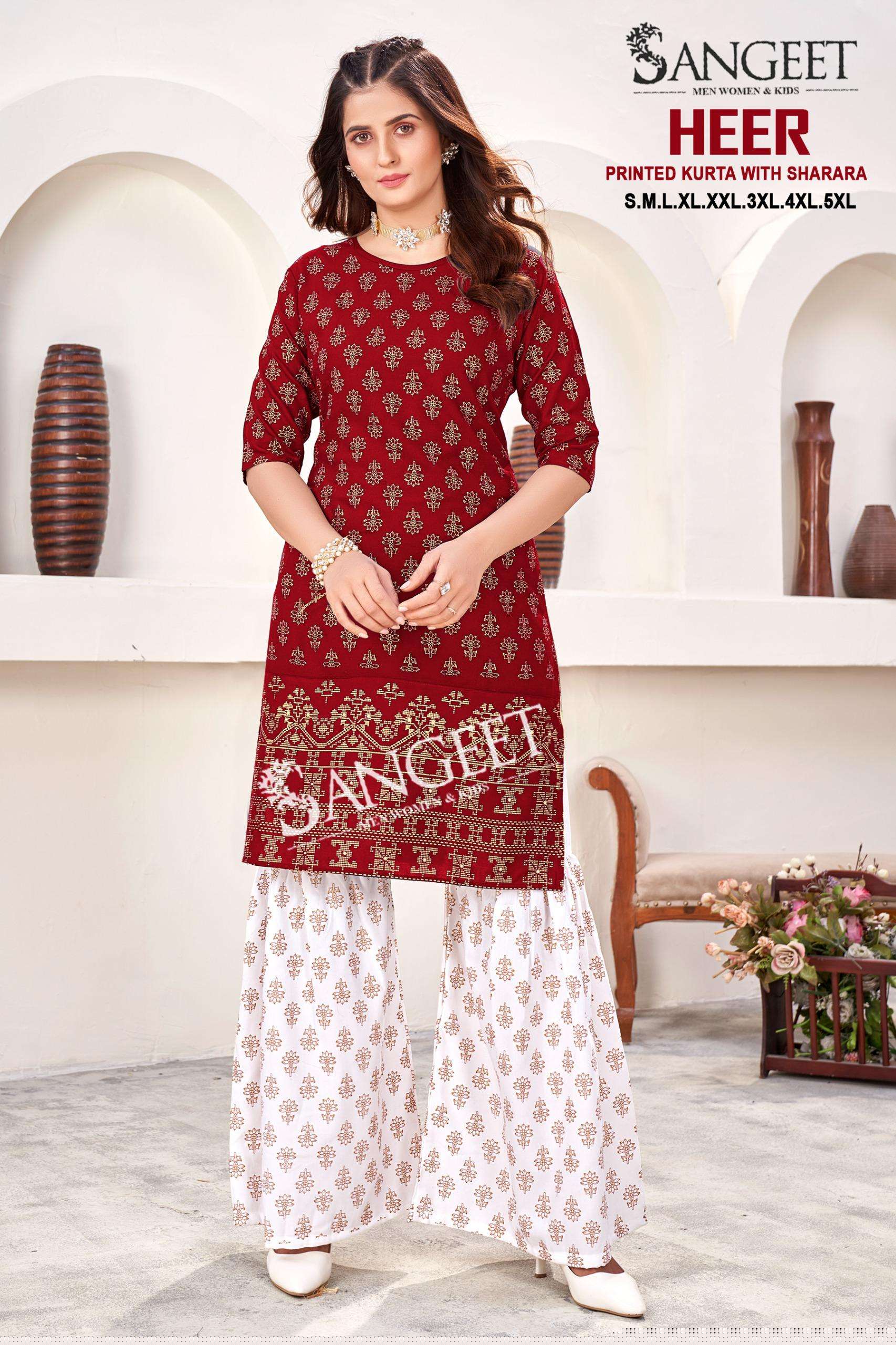 SANGEET HEER RAYON FOIL PRINT KURTI SHARARA SUIT FESTIVAL WEAR DEALER