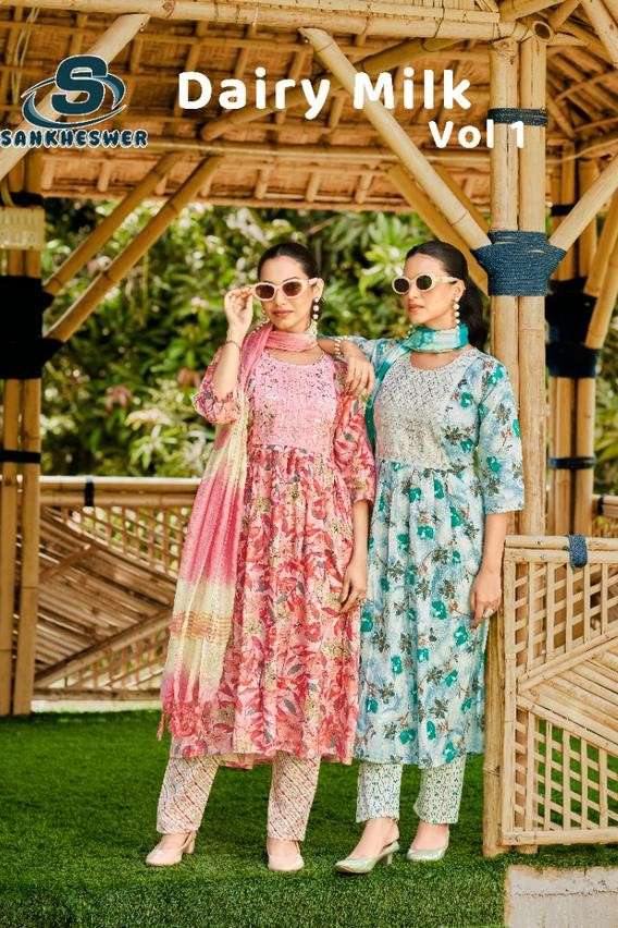 SANKHESWER DAIRY MILK VOL 1 REGULAR TRAVEL UMBRELLA KURTI SUIT RESELLER 
