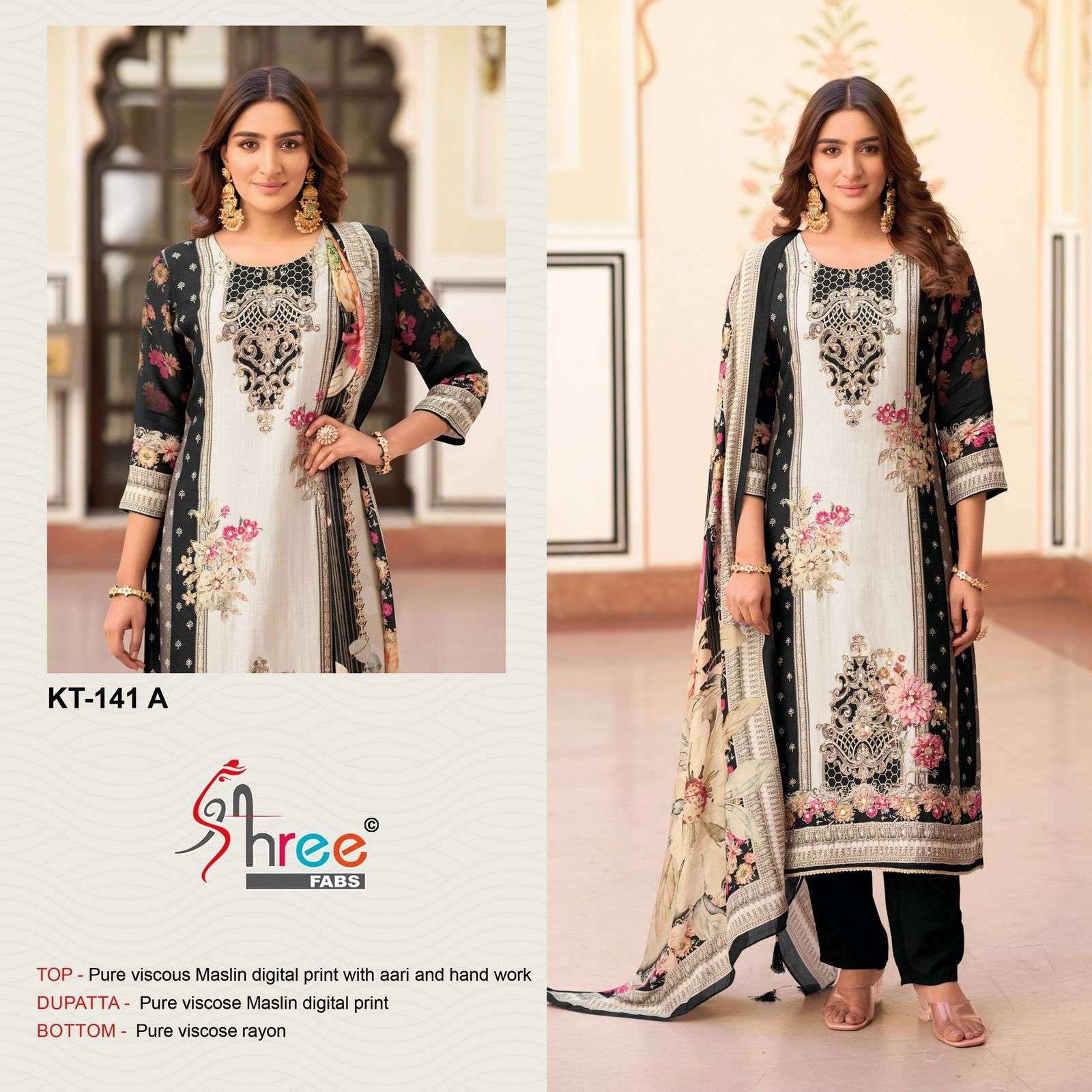 SHREE FABS KT 141 BLACK WHITE COLOR PRINT WORK UNSTITCH SUIT WHOLESALE 