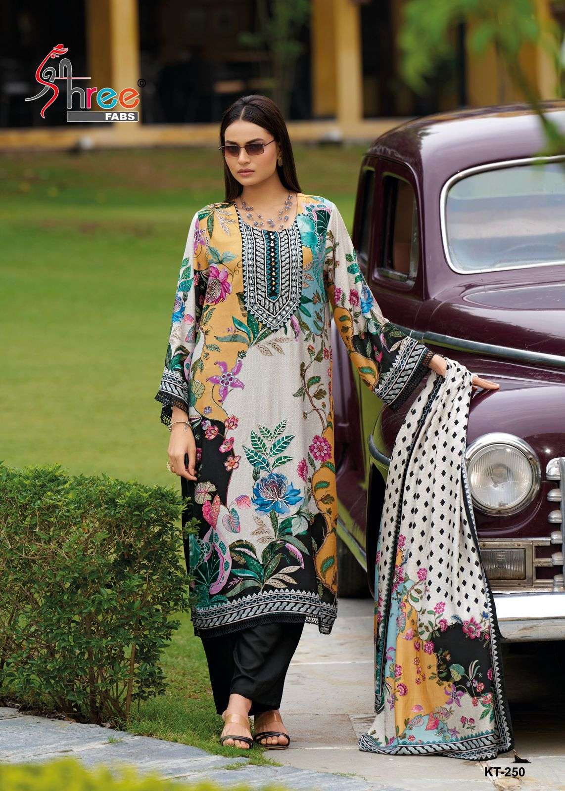 SHREE FABS KT 250 BRAND BLACK DESIGNER UNSTITCH SUIT WHOLESALE 