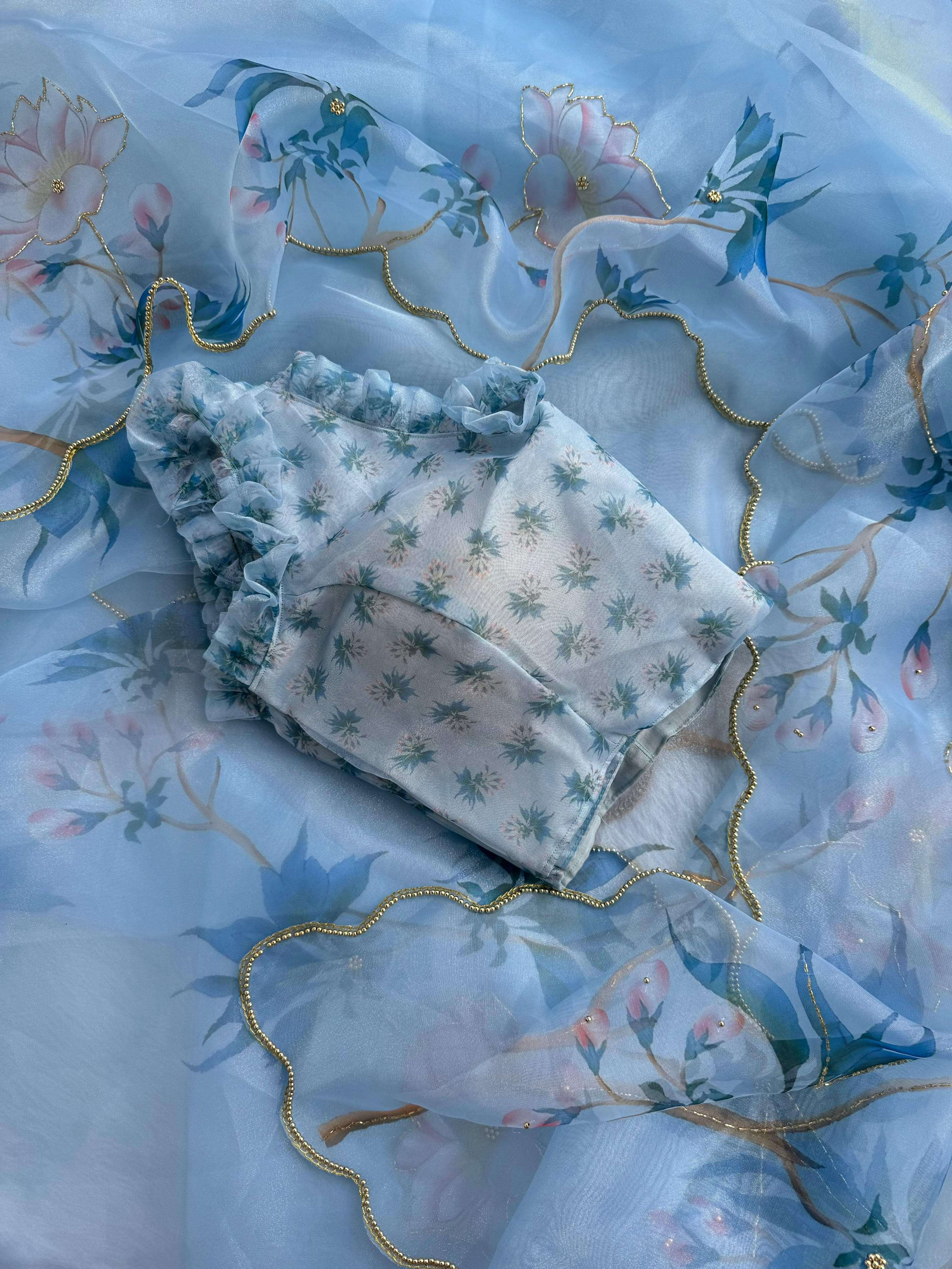SKY BLUE SHADES IGHTWEIGHT ORGANZA FABRIC SAREE VK 4373
