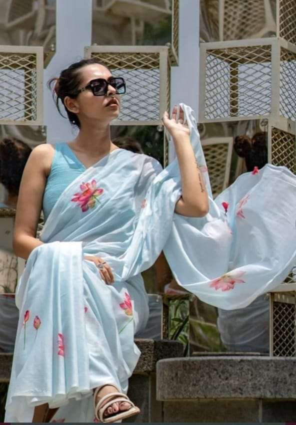 SKY BLUE SHADES LINEN FABRIC SUMMER SPECIAL FANCY SAREE MG 561