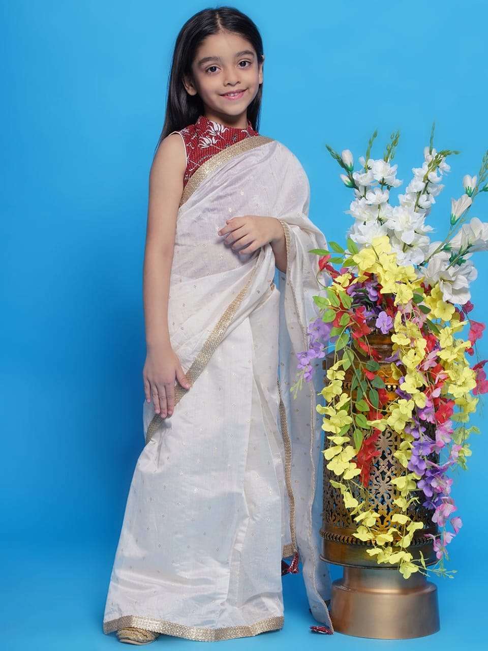 SOUTH INDIA STYLE WHITE SHADES 1 MINUT WEAR KIDS SPECIAL SAREE AKSOW 3