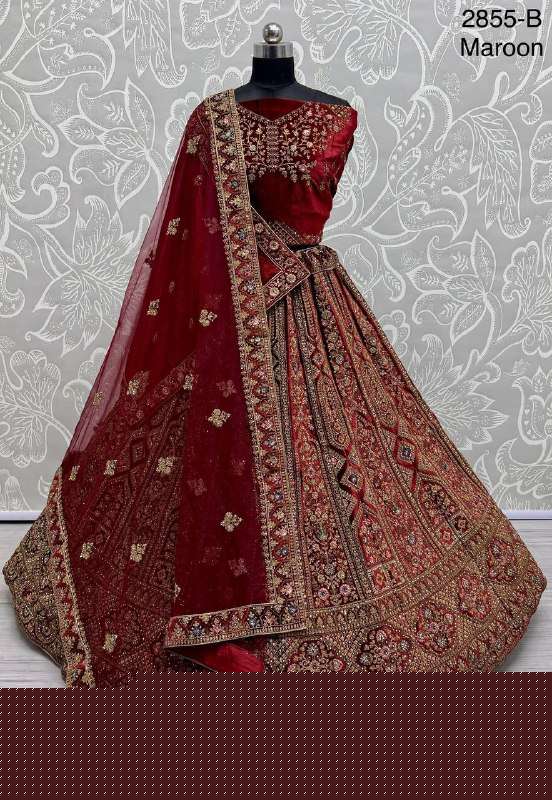TRADITIONAL INDIAN WEDDING BRIDAL VELVET LEHENGA CHOLI SUPPLIER SURAT 2855