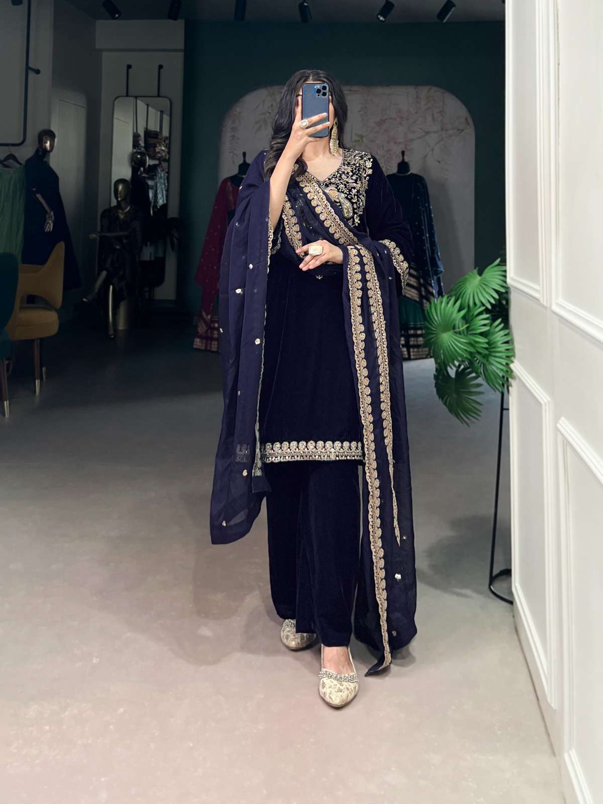VELVET WITH NECK EMBROIDERY WORK READYMADE SUITS NNK 3039