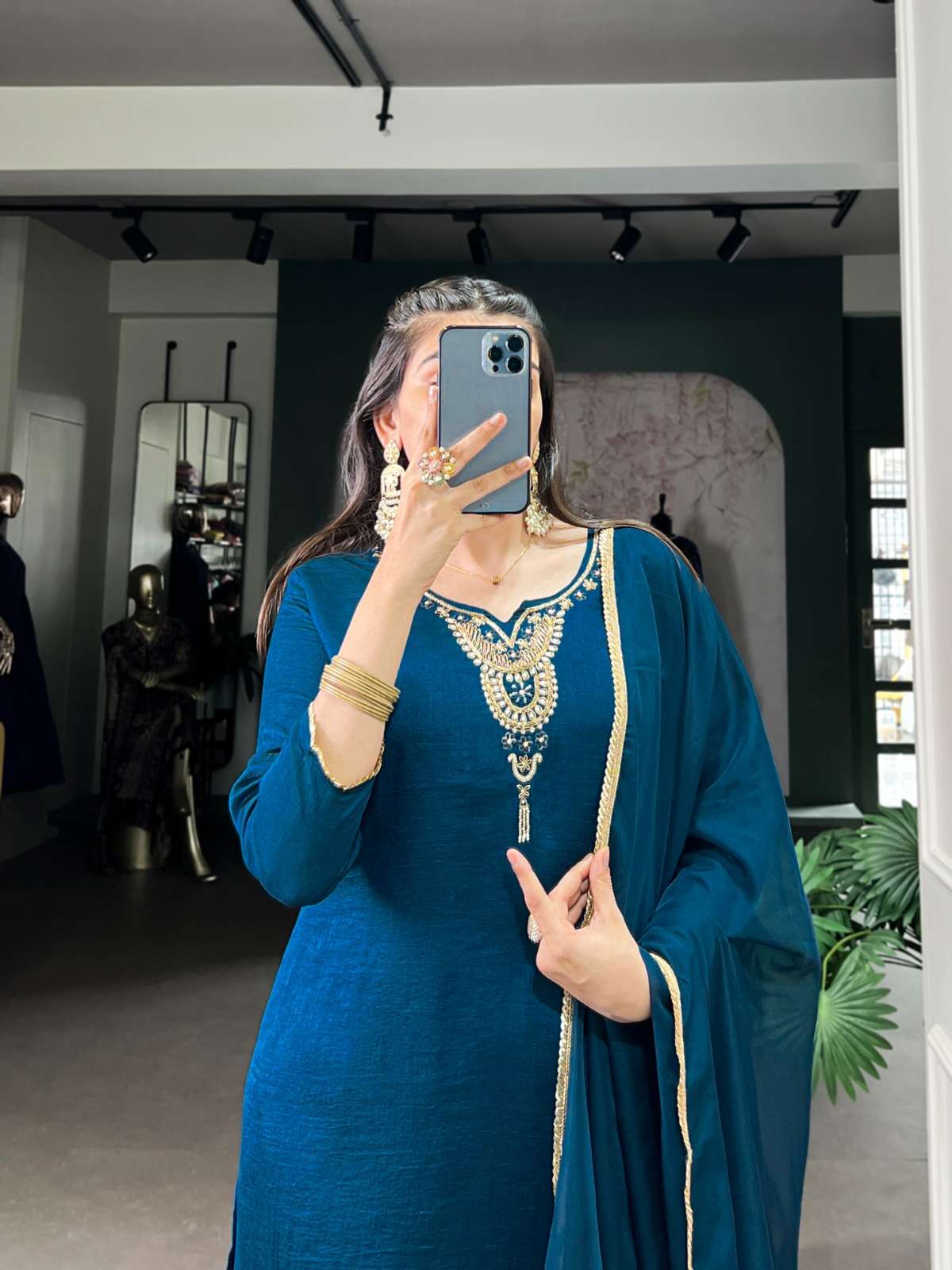 VICHITRA SILK BEAUTIFUL NECK WORK BLUE SHADES READYMADE SUITS NNK 3043