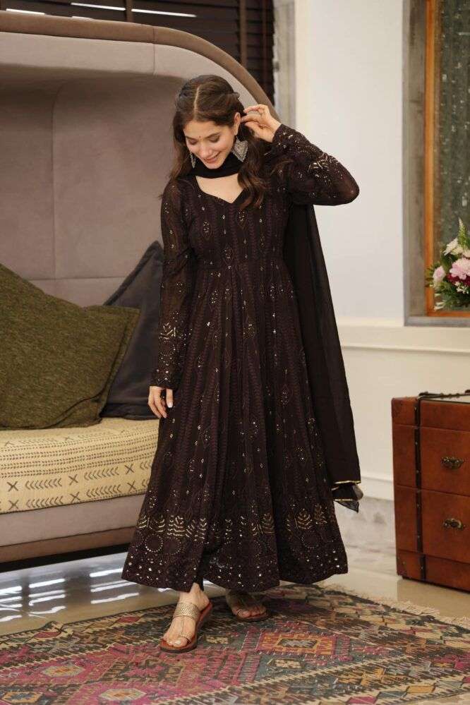 WEDDING COLLECTION COFFEE COLOR WORK ANARKALI SUIT DEALER LADY