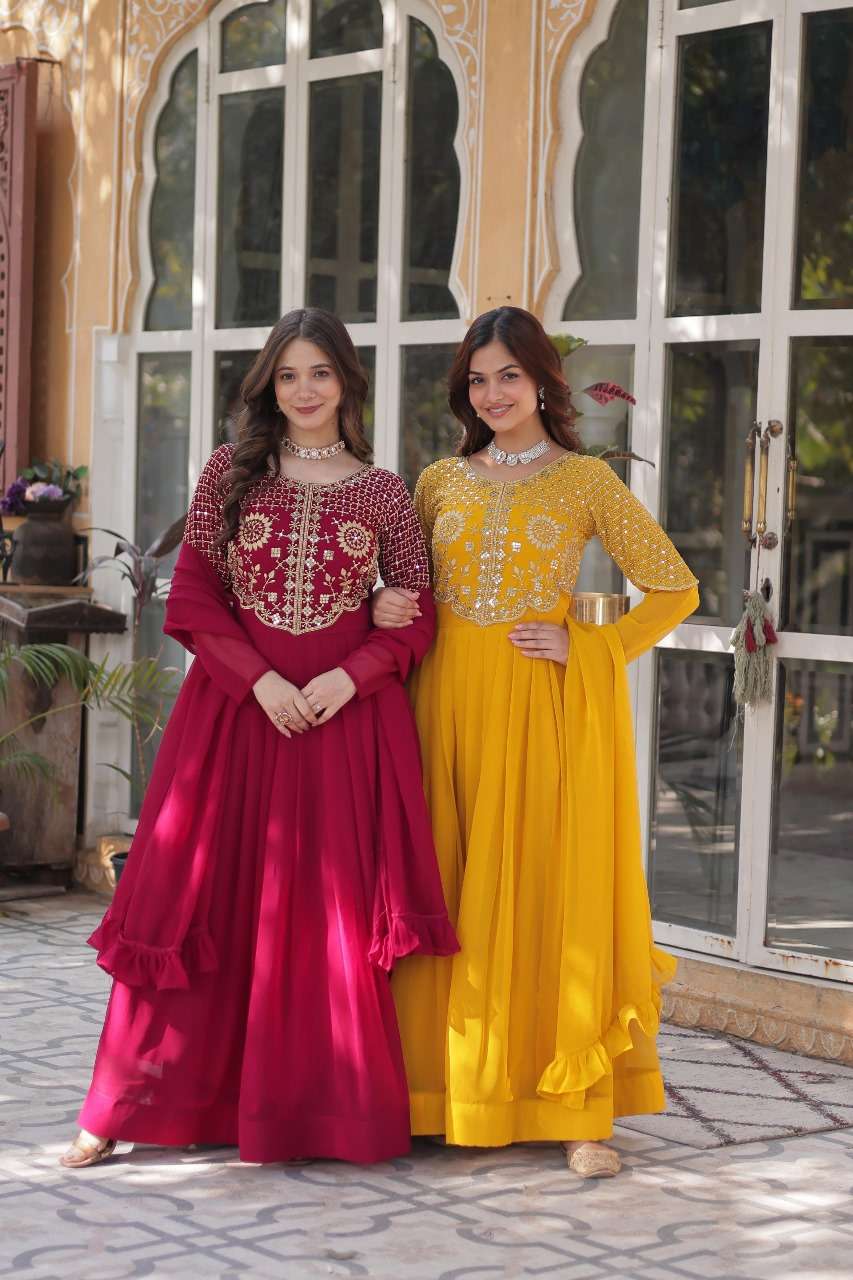WEDDING SPECIAL BLOOMING GEORGETTE FABRIC EMBROIDERY WORK LONG GOWN LW 9223