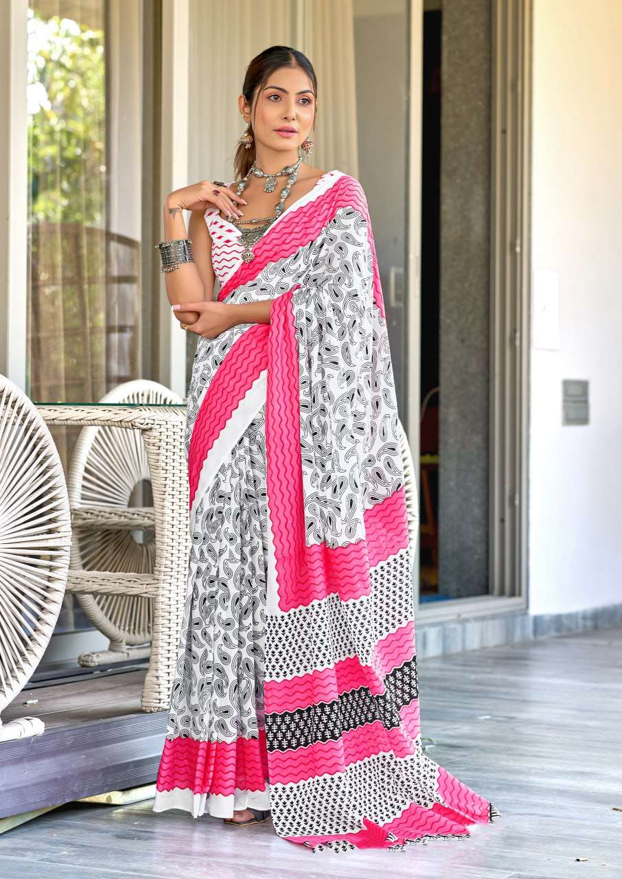 WHITE DESIGNER COTTON SAREE FOR FESTIVAL WEAR SUPPLIER SUMMER LOVINS 