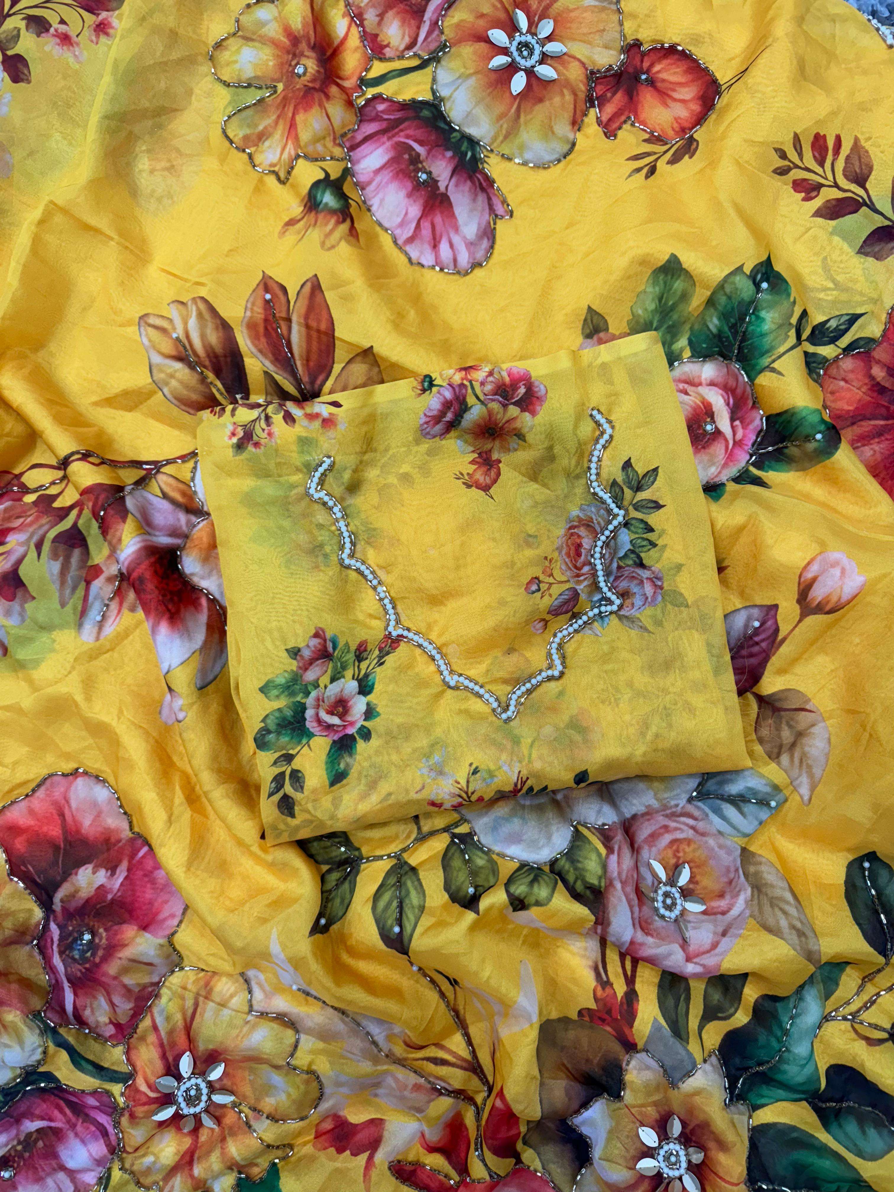 YELLOW SHADES FLOWER PRINTED SILK FABRIC FANCY BORDER SAREE NC 5426