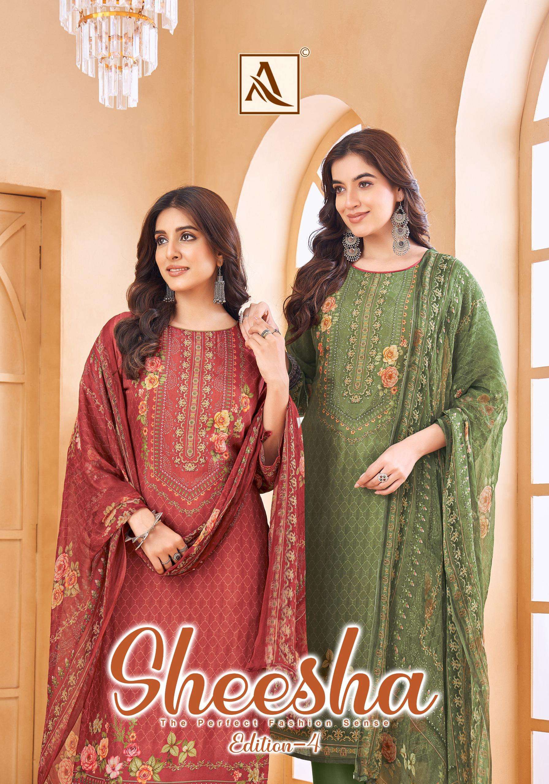 ALOK SUIT SHEESHA VOL 4 VISCOSE MASLIN DESIGNER PRINT SUIT DEALER