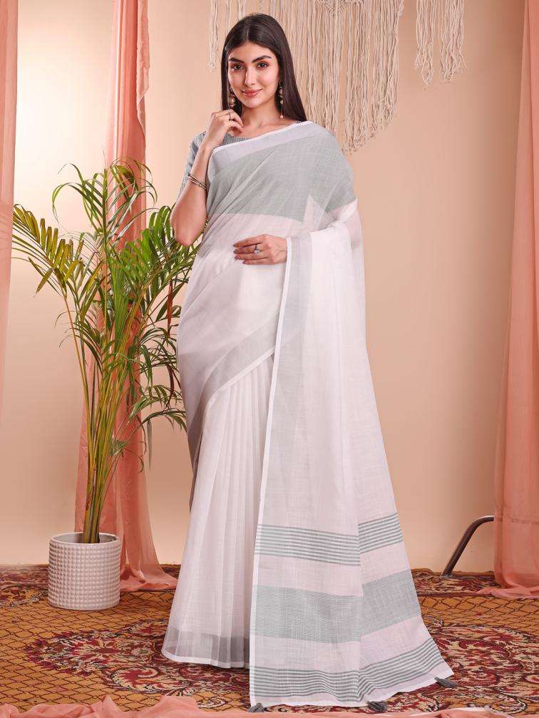 ASTITA THE WHITE LOOK SUMMER SPECIAL LINEN COTTON FABRIC FANCY LOOK SAREE 