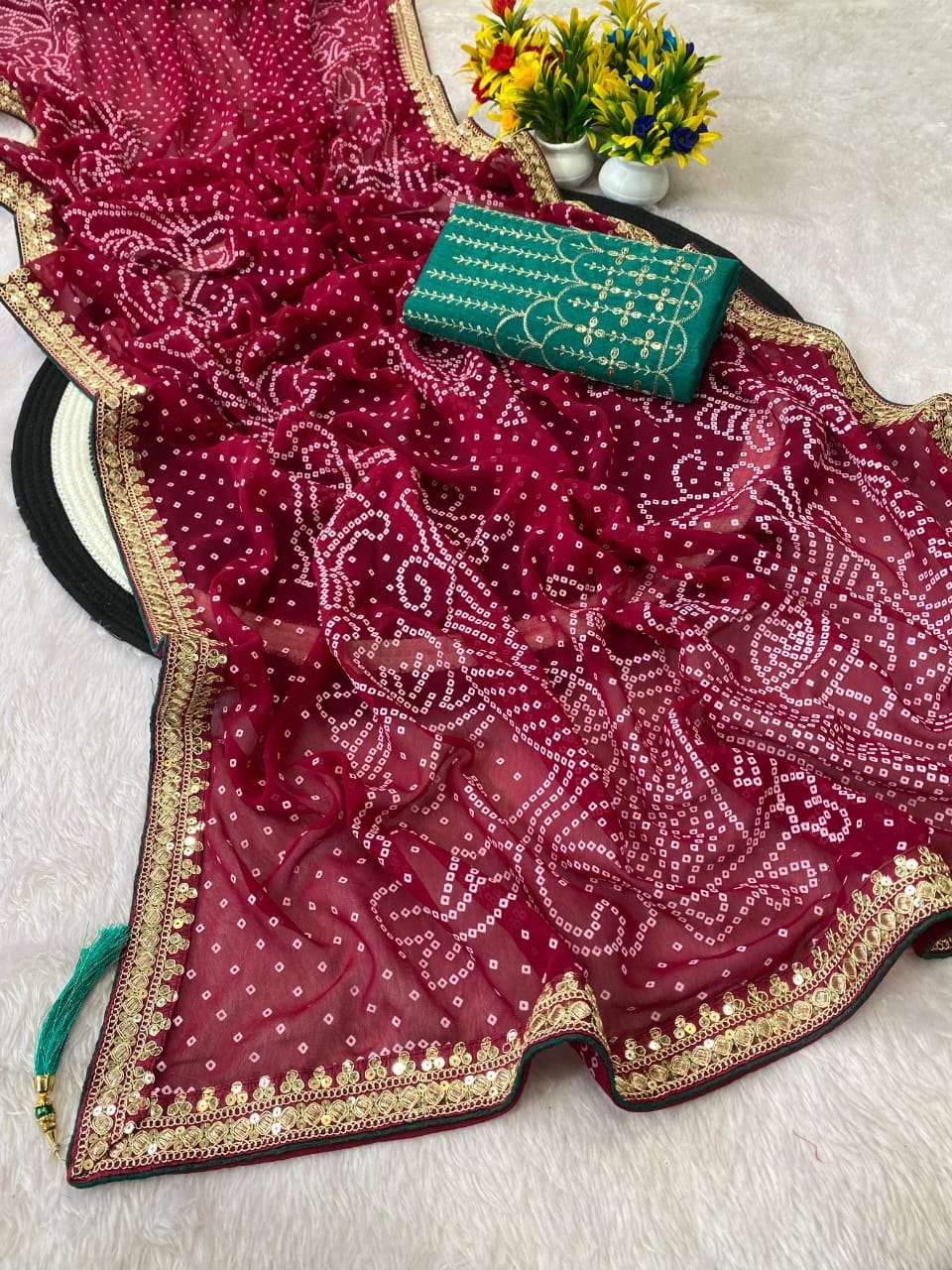 CHANDANI HEAVY GEORGETTE FABRIC BANDHEJ DESIGN CODDING EMBROIDERY WORK BORDER SAREE 