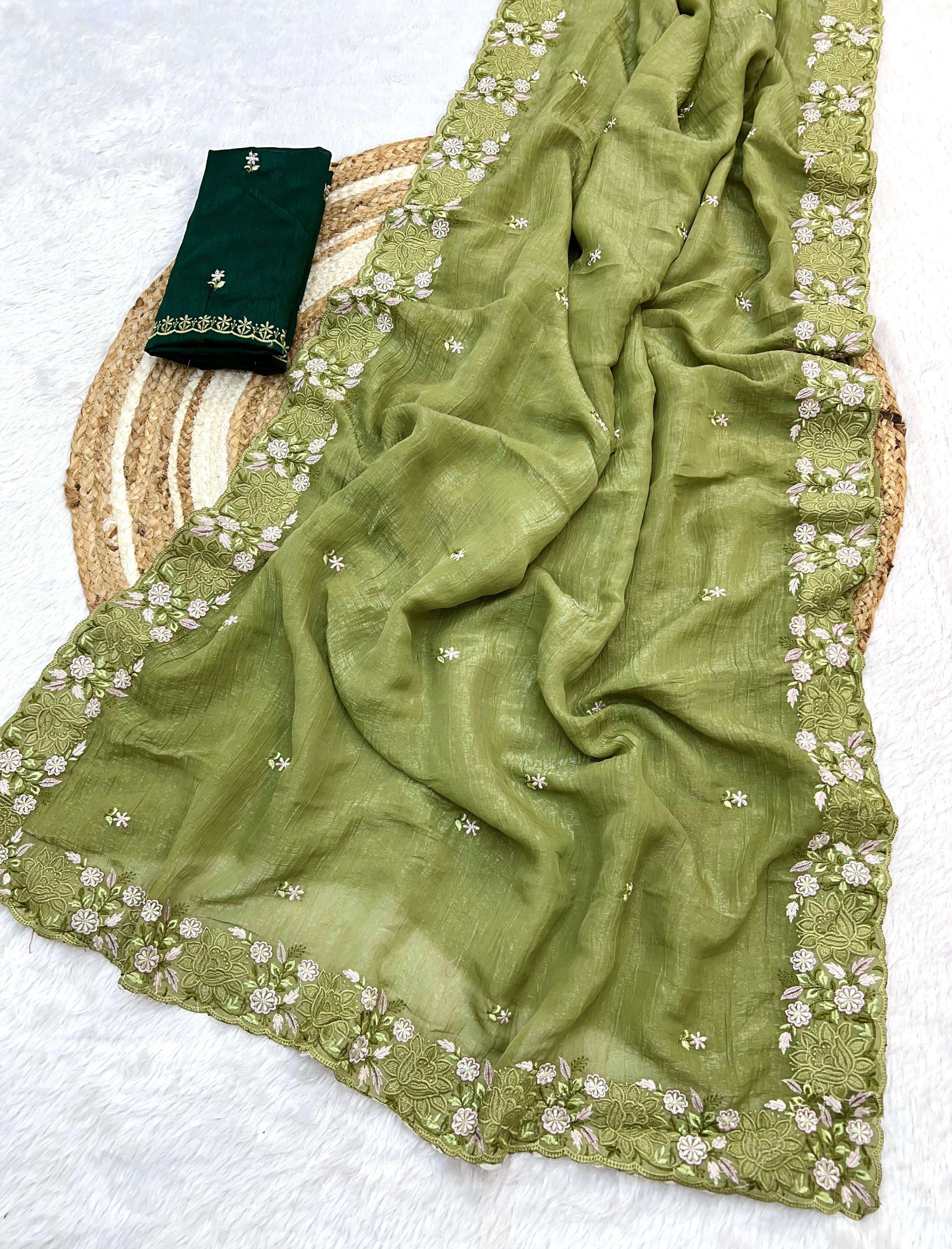 Crush fabric heavy embroidery work fancy saree 