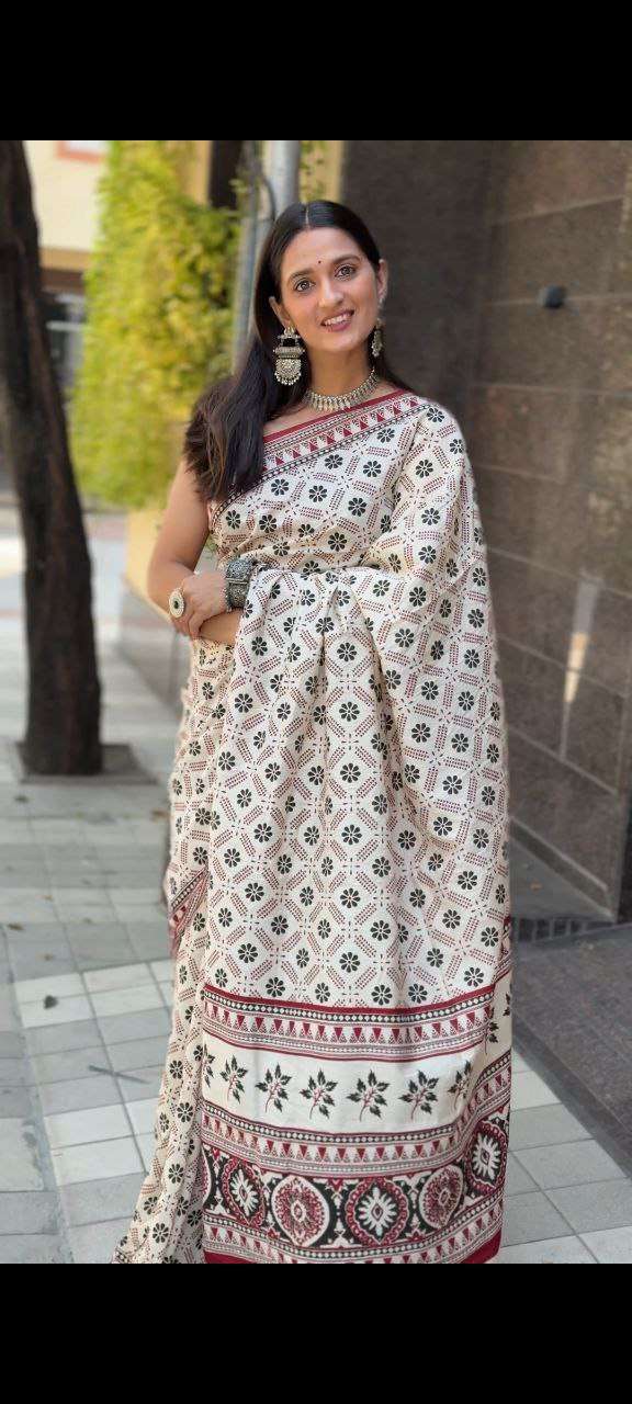 FESTIVAL WEAR SOFT COTTON AJRAKH PRINTED SAREE WITH BLOUSE STORE VF