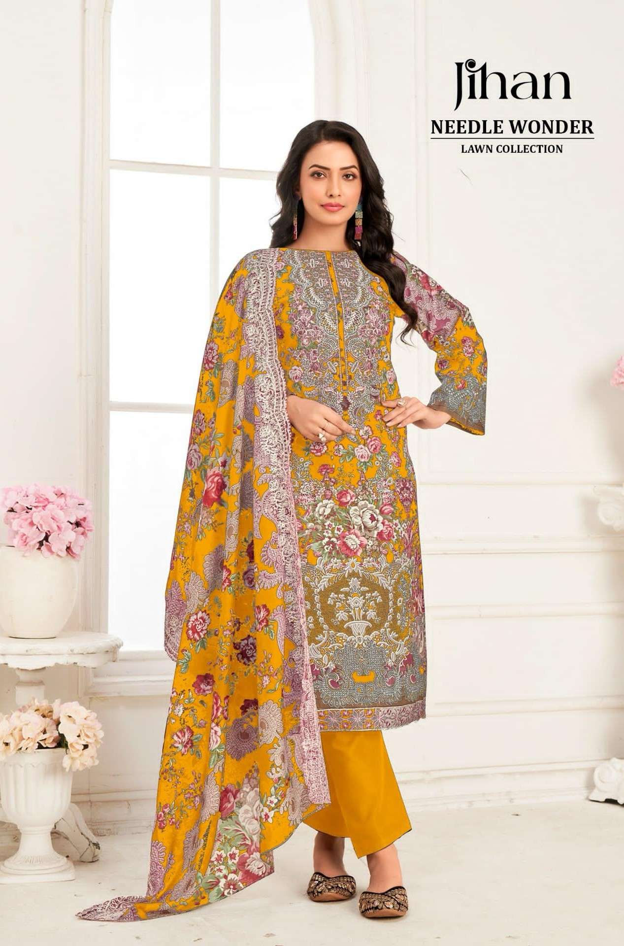 JIHAN NEEDLE WONDER LAWN COLLECTION VOL 4 3446 FLOWER YELLOW COLOR PAKISTANI SUIT DEALER