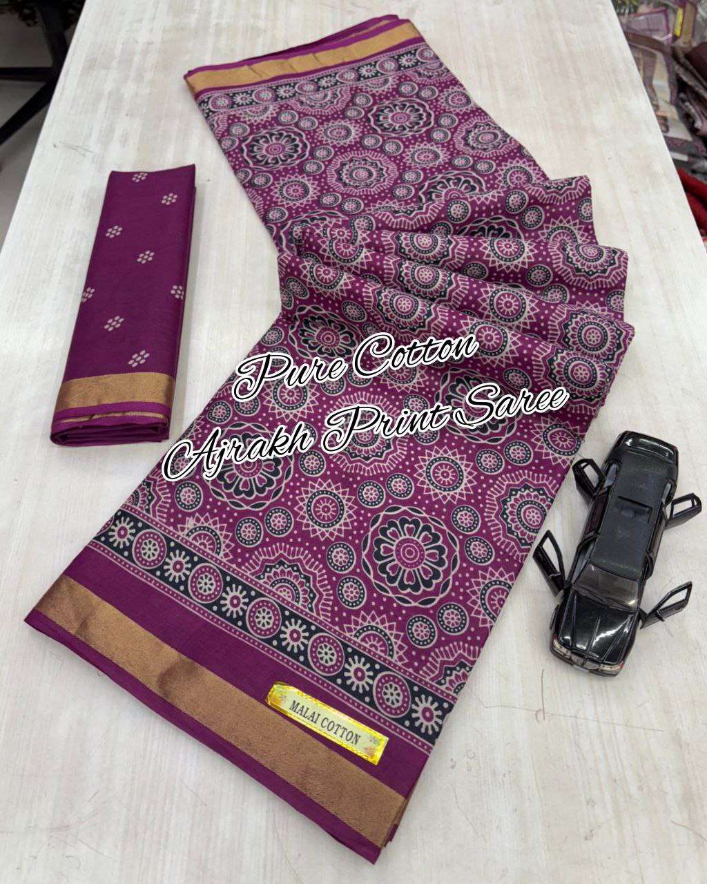 MALMAL COTTON HANDICRAFT AJRAKH PRINT SAREE PRINT SAREE WITH BLOUSE DEALER VF