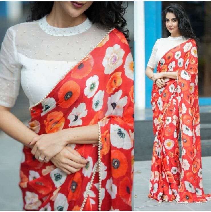 RED SHADES FLOWER PRINTED LIGHTWEIGHT GEORGETTE FARBIC SAREE MG 567 