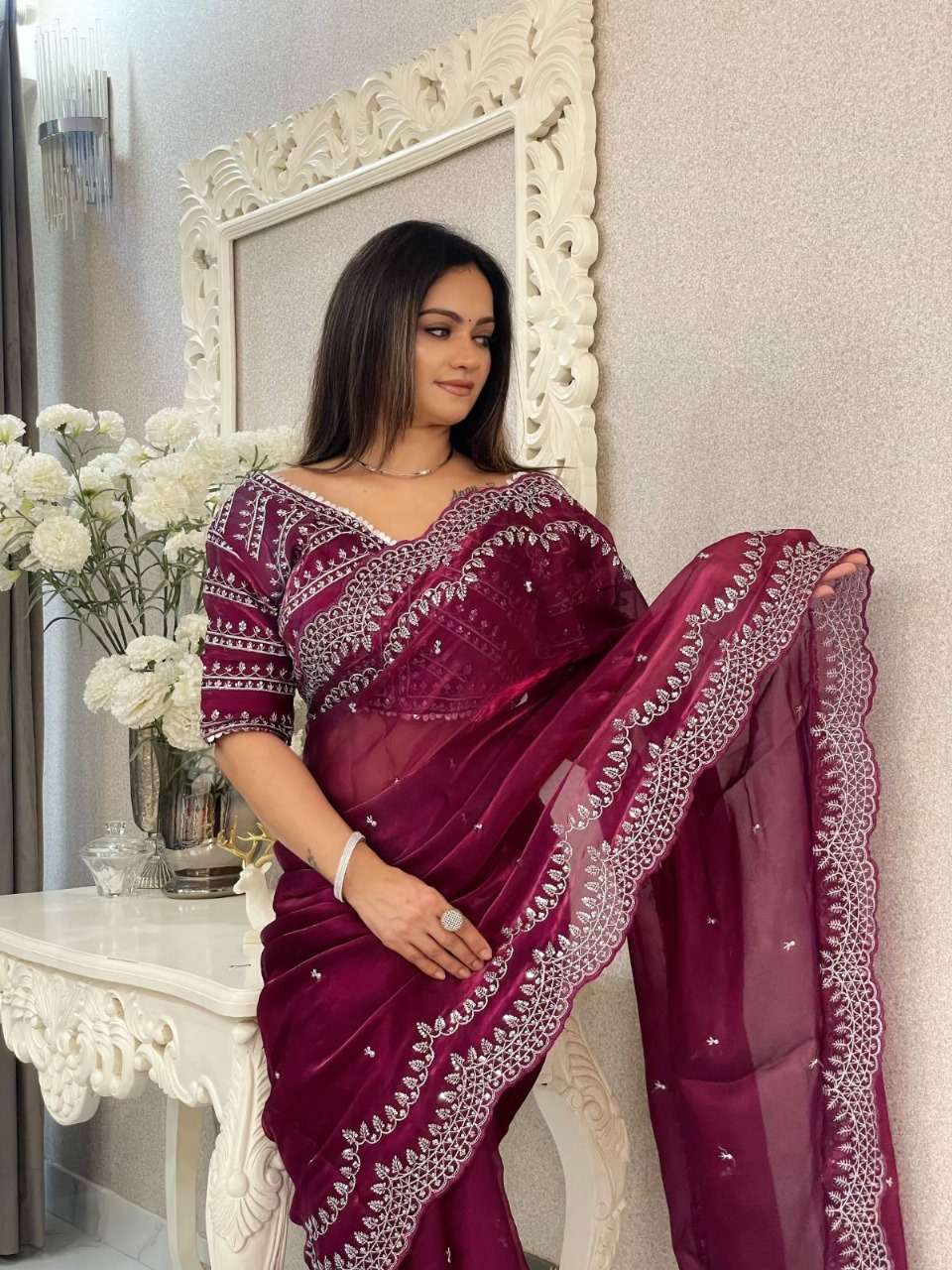 SIYA JIMMY CHOO FABRIC EMBROIDERY WORK PARTY WEAR LOOK SAREE 