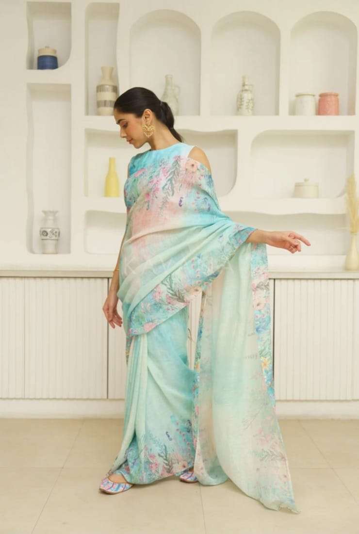SKY BLUE SHADES LINEN FABRIC DIGITAL PRINTED FANCY LOOK SAREE MG 568 