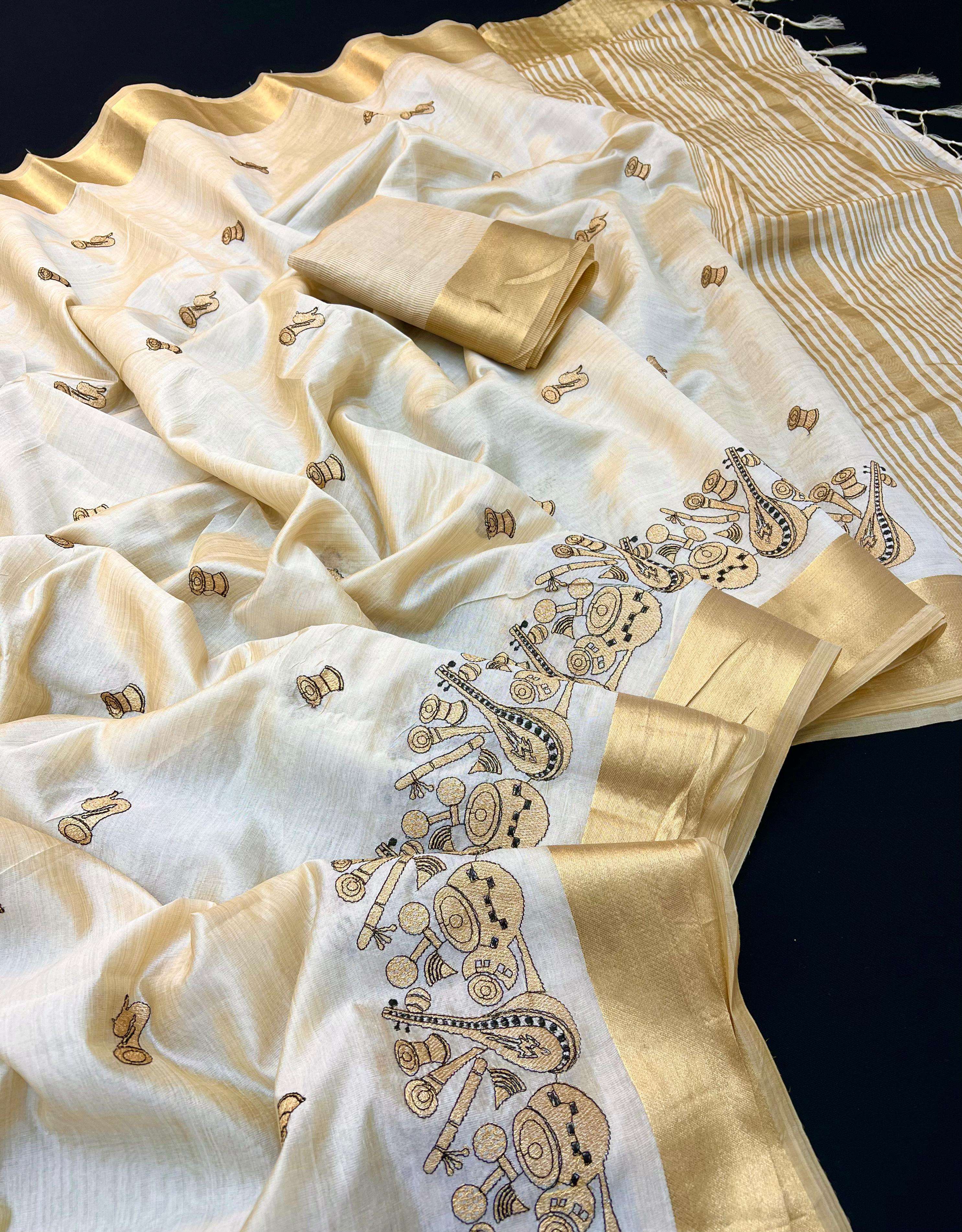 SOUTH INDIA STYLE TUSSER SILK FANCY EMBROIDERY WORK DESIGN SAREE 