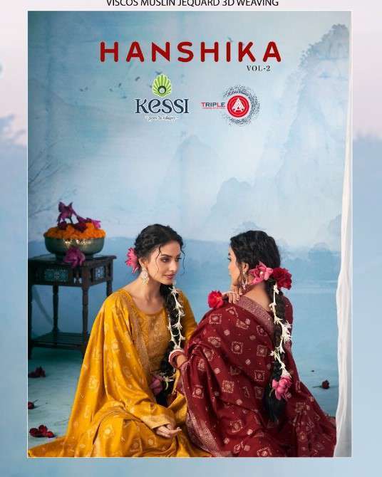 TRIPLE A HANSHIKA VOL 2 SILK 3D WEAVING PRINT KURTI PALAZZO SUIT DEALER 