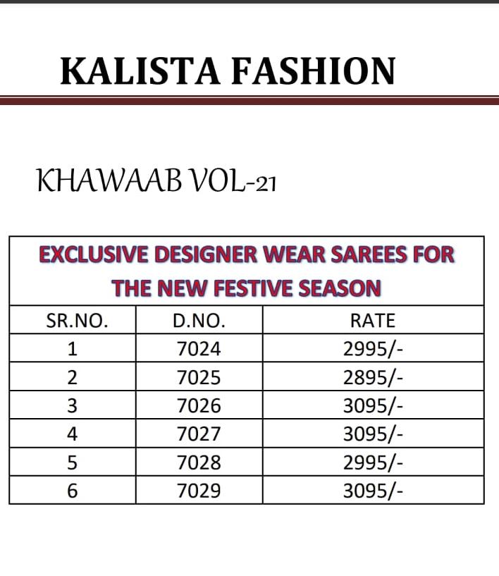 Kalista Fashion Khwaab Vol 21 Silk With Heavy Embroidery Work Designer Saree Collection At Wholesale Rate