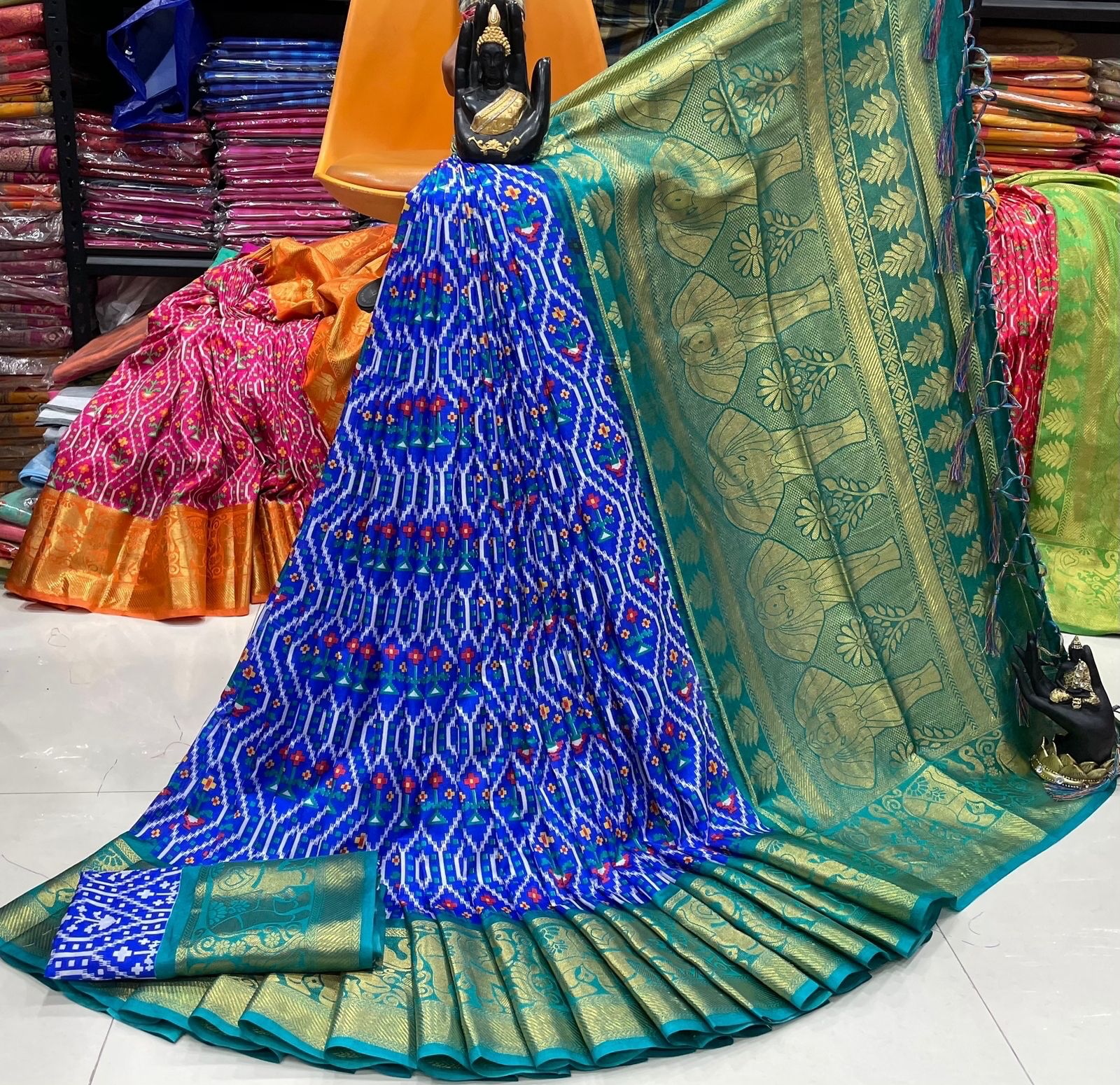 Aqua-Foam Silk Designer Saree With Woven Paisley On Border And Elephant On  Aanchal | Exotic India Art