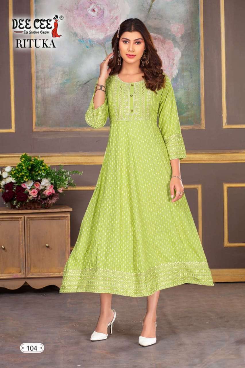 DEECEE RITUKA RAYON WITH PRINTED ANARKALI STYLE LONG KURTI COLLECTION AT  BEST RATE
