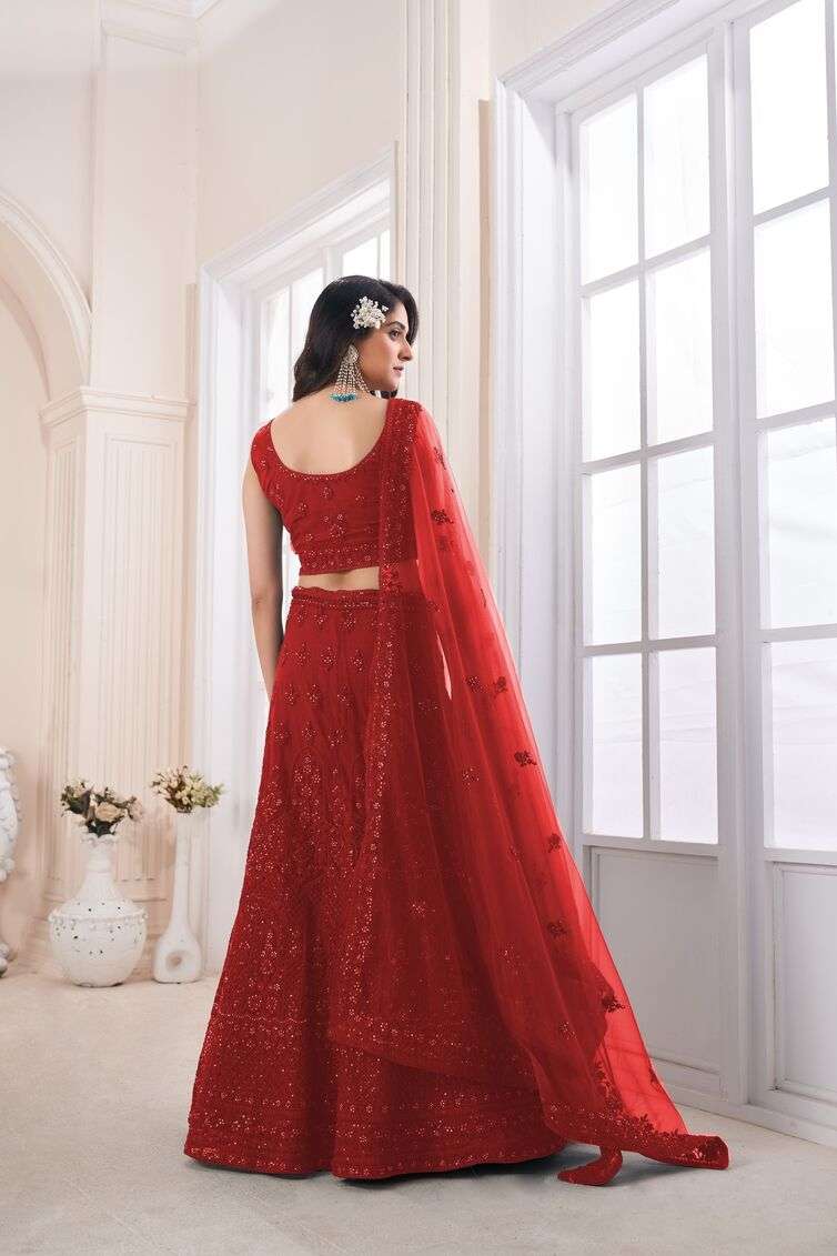 BRIDAL SPECIAL RED COLOUR NET WITH HEAVY DESIGNER LEHENGA CHOLI