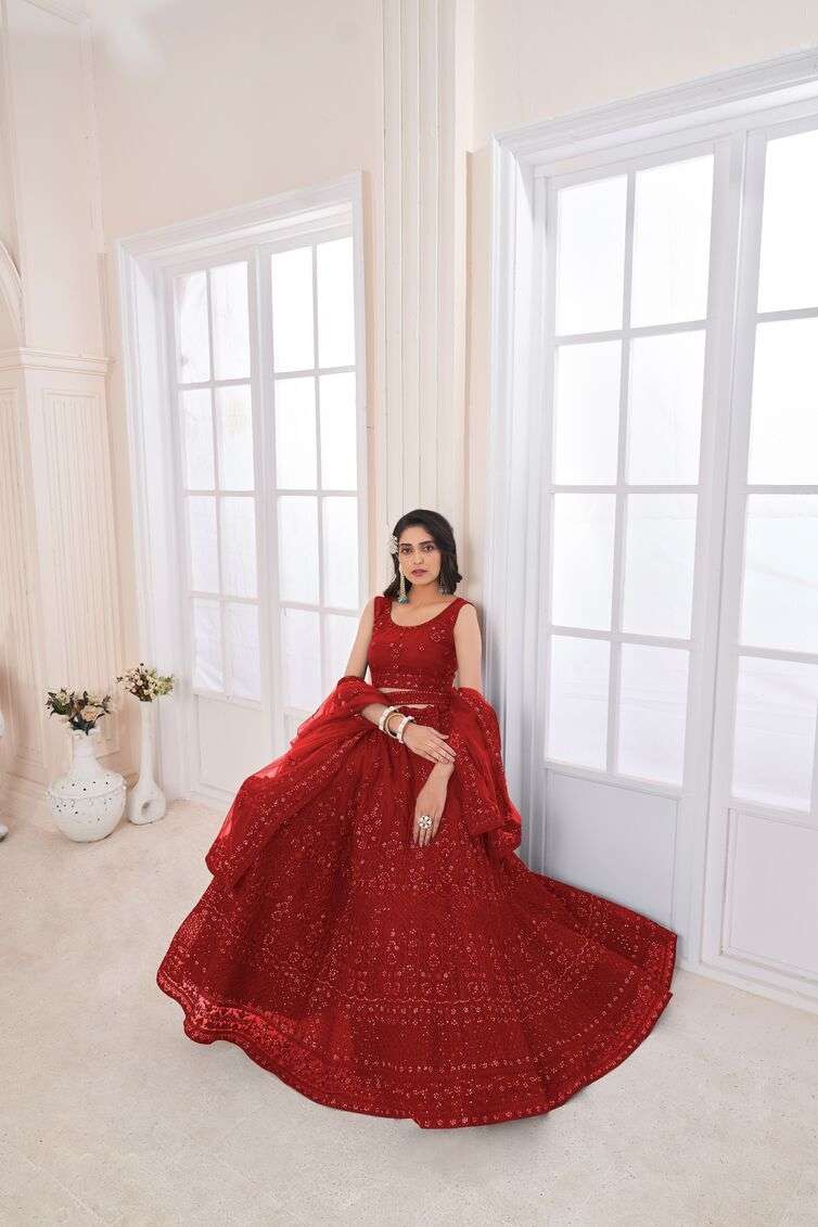 BRIDAL SPECIAL RED COLOUR NET WITH HEAVY DESIGNER LEHENGA CHOLI
