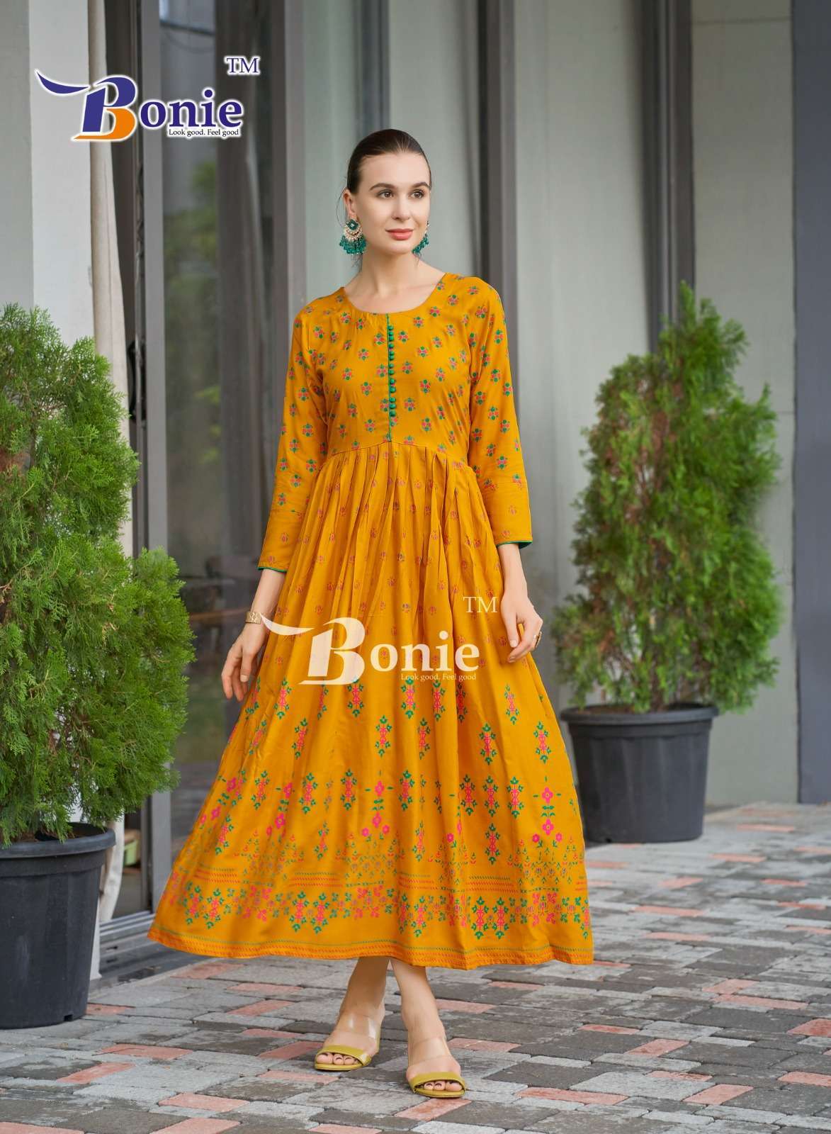BONIE AANCHAL VOL 4 RAYON PRINTED LONG FLAIR KURTI 