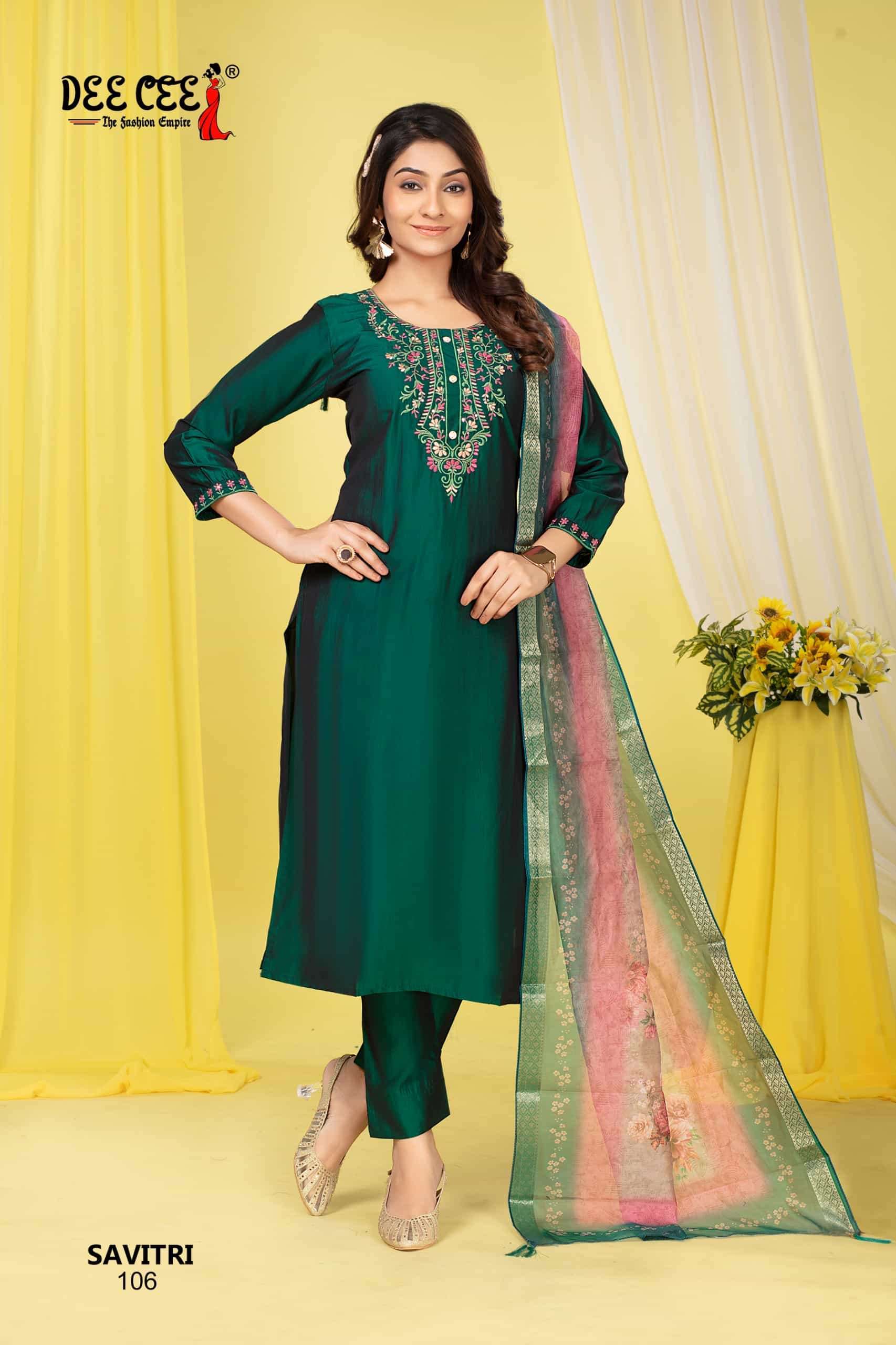 DEECEE SAVITRI DESIGNER SILK KURTI BOTTOM DUPATTA SUIT DEALER