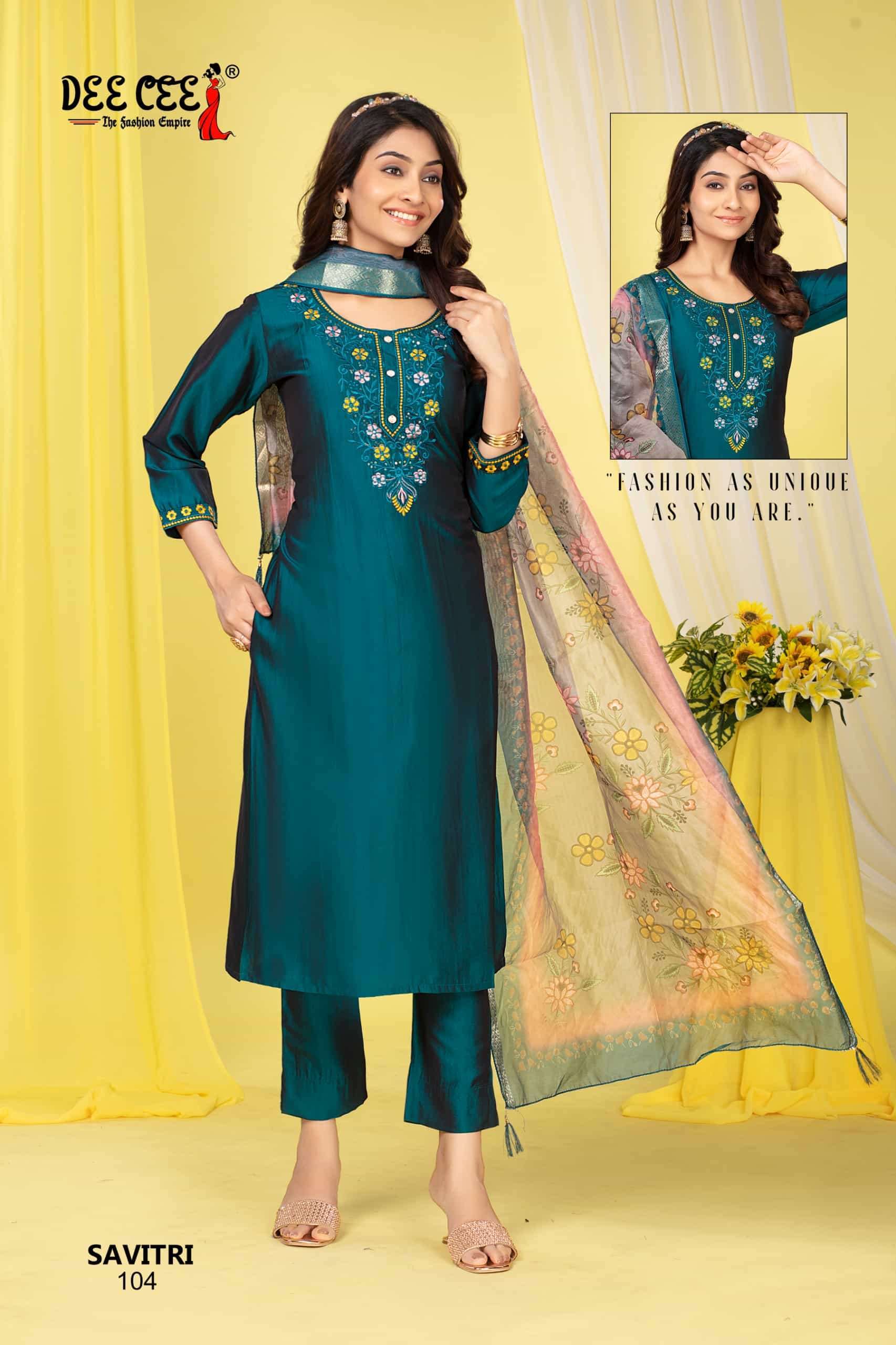 DEECEE SAVITRI DESIGNER SILK KURTI BOTTOM DUPATTA SUIT DEALER