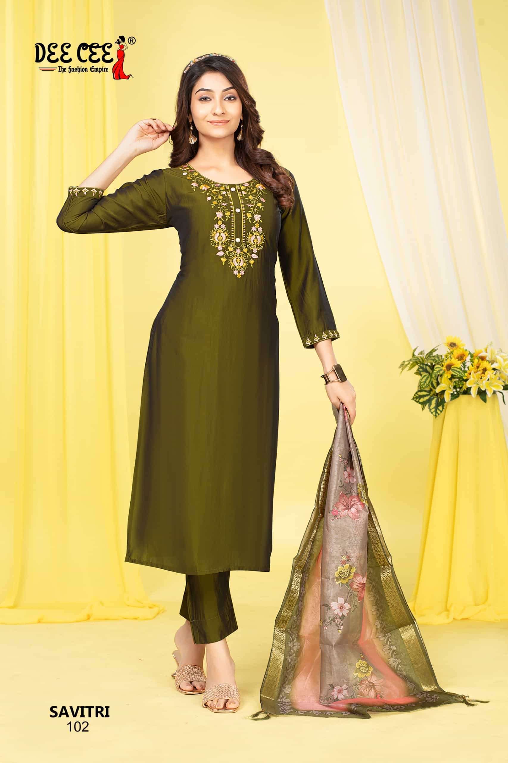 DEECEE SAVITRI DESIGNER SILK KURTI BOTTOM DUPATTA SUIT DEALER