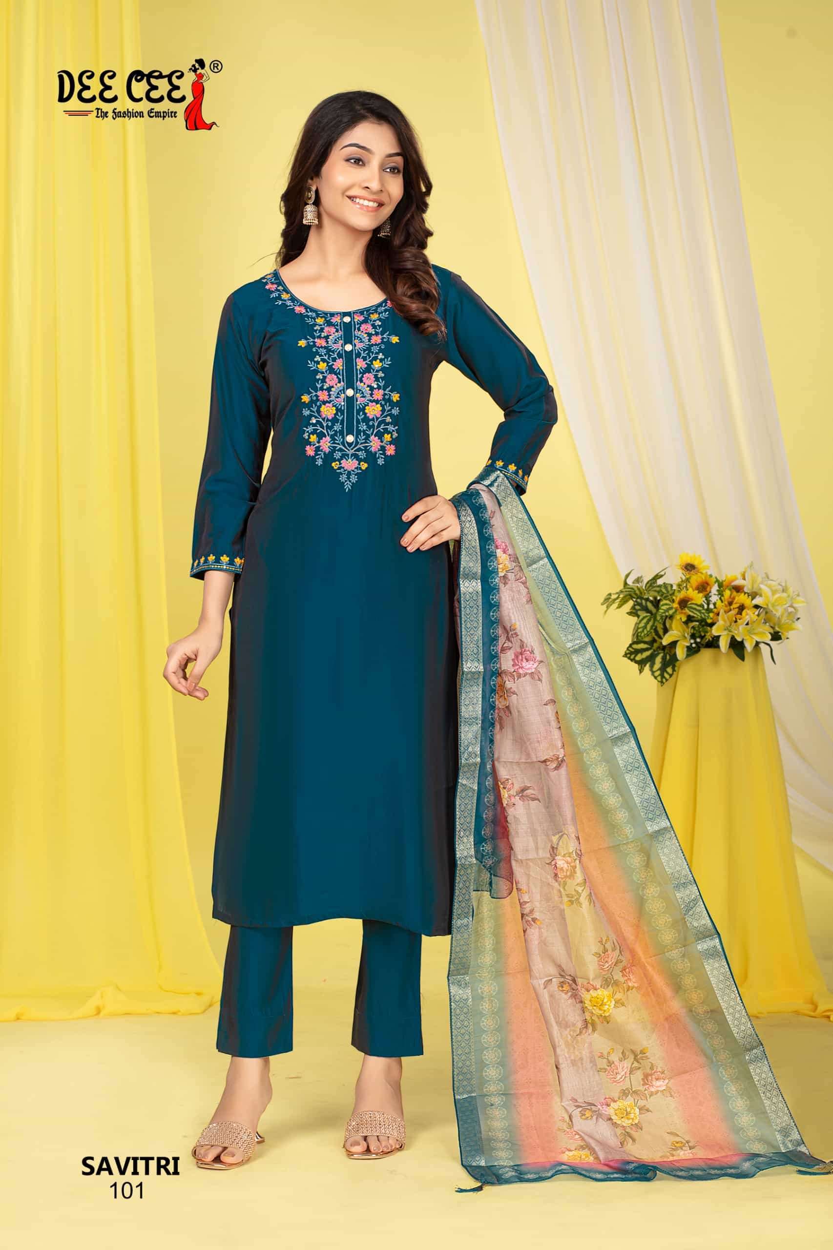DEECEE SAVITRI DESIGNER SILK KURTI BOTTOM DUPATTA SUIT DEALER