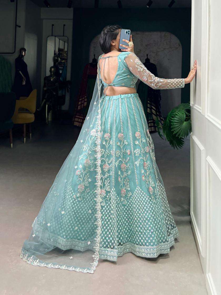 SKY BLUE SHADES NET FABRIC EMBROIDERY WORK DESIGNER LEHENGA CHOLI LNB 1432