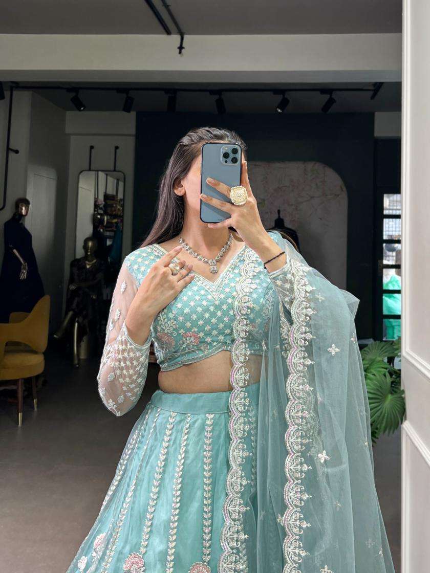 SKY BLUE SHADES NET FABRIC EMBROIDERY WORK DESIGNER LEHENGA CHOLI LNB 1432