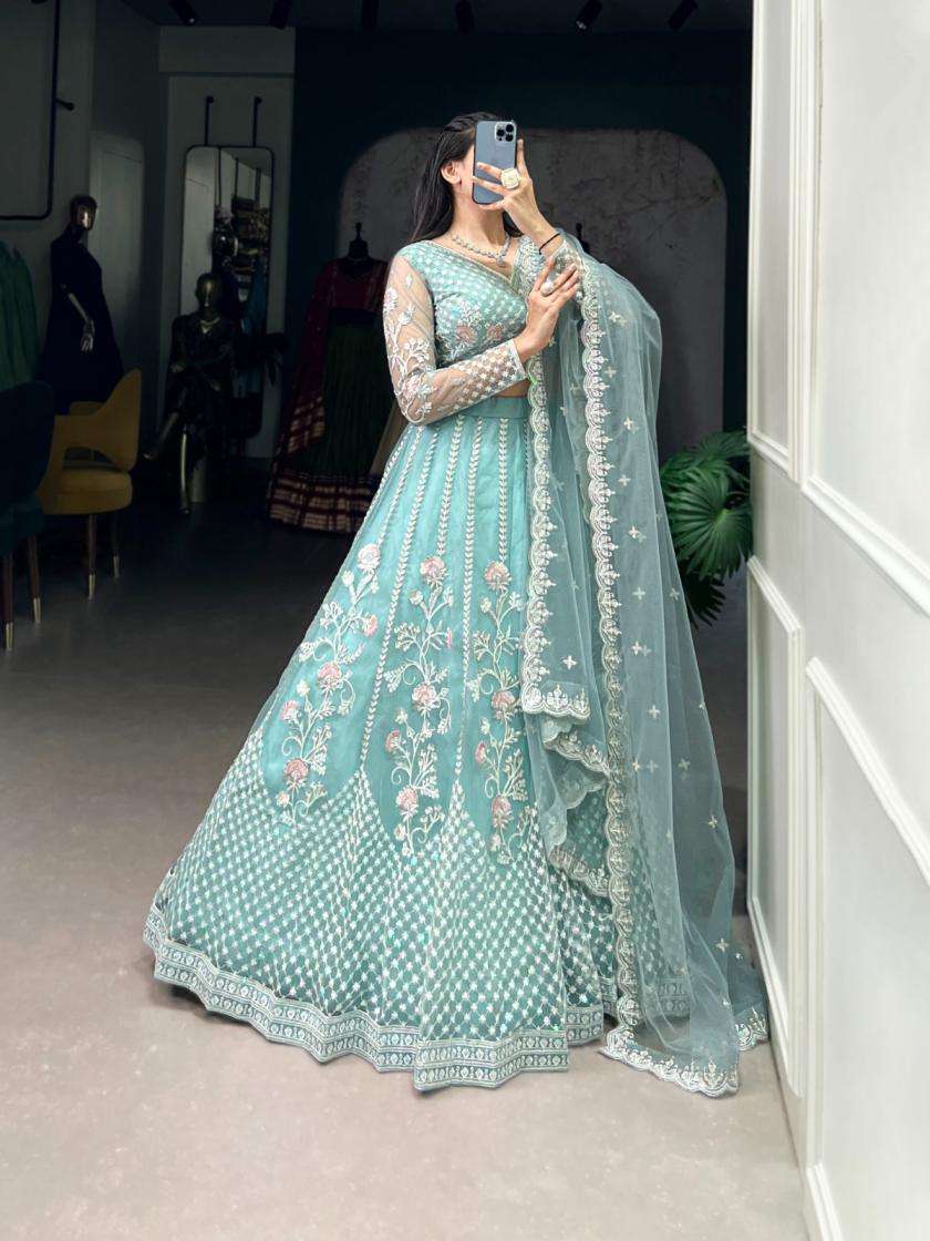 SKY BLUE SHADES NET FABRIC EMBROIDERY WORK DESIGNER LEHENGA CHOLI LNB 1432
