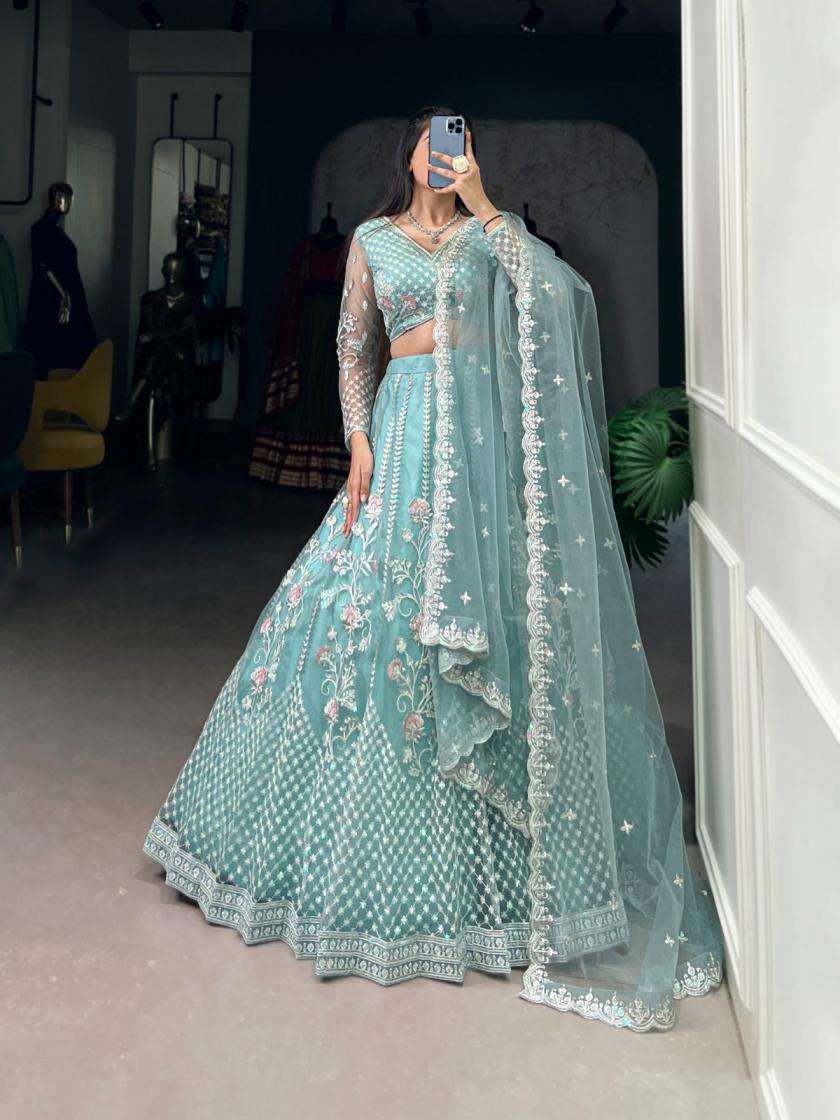 SKY BLUE SHADES NET FABRIC EMBROIDERY WORK DESIGNER LEHENGA CHOLI LNB 1432